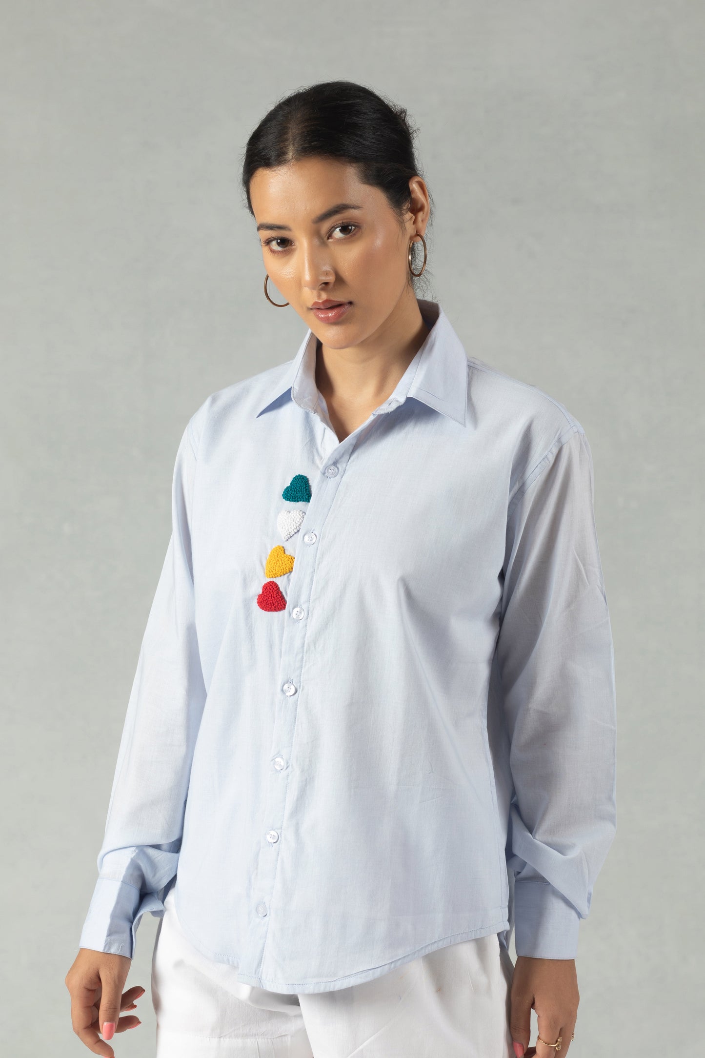 Blue Cotton Shirt with Bold Heart Embroidery