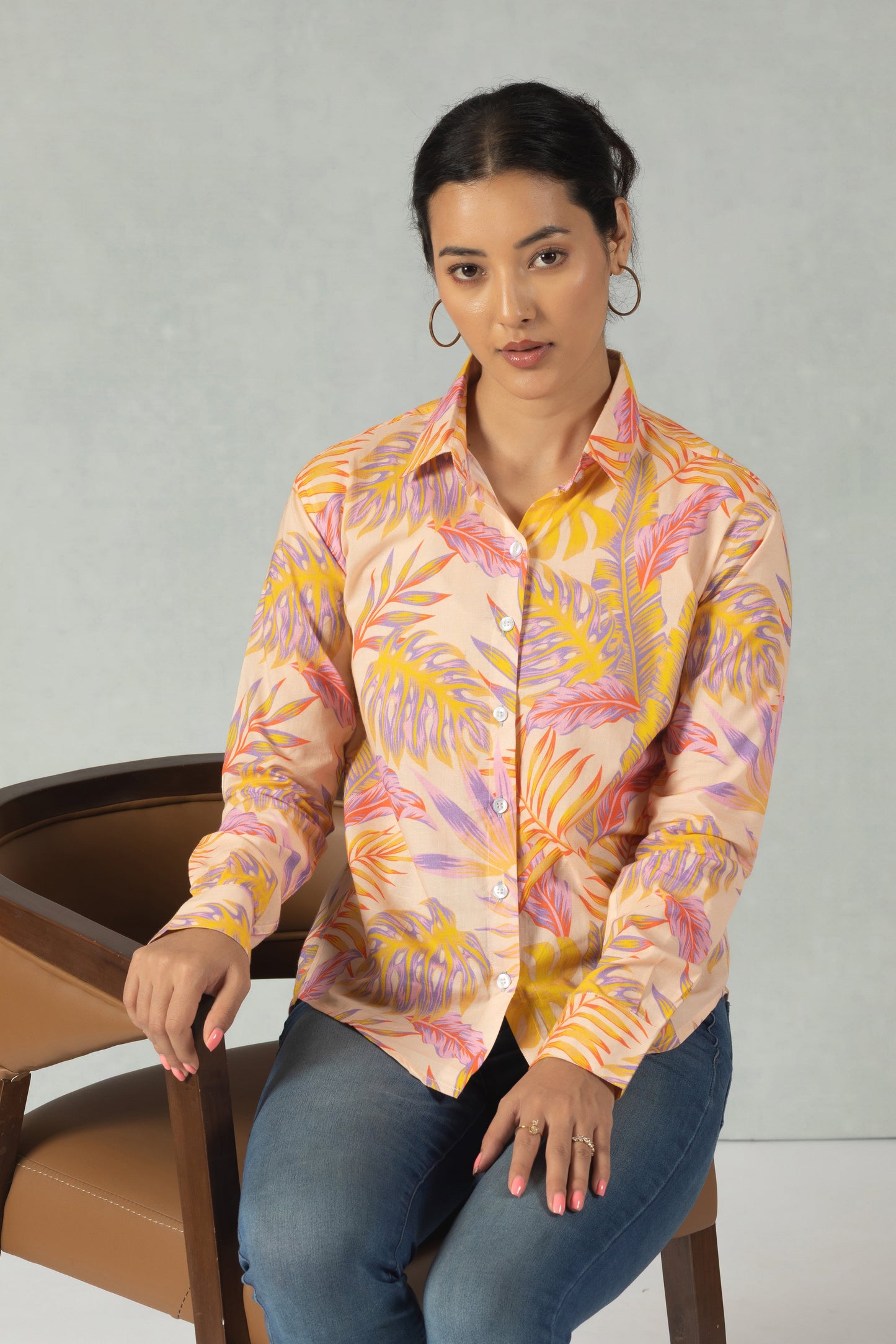 Orange Cotton Shirt with Retro Bloom Print