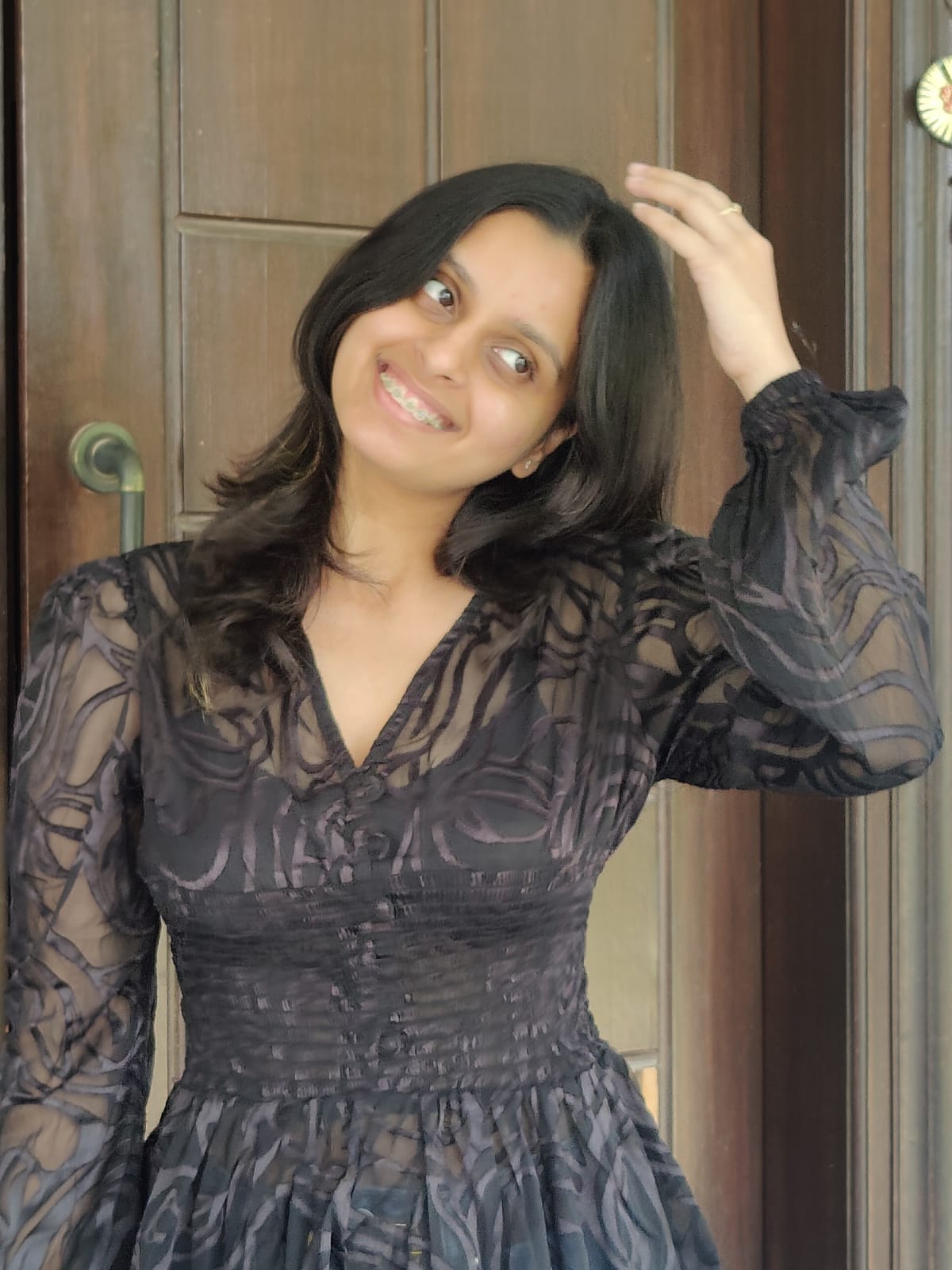 Black Georgette Burnout Textured Top with Smocked Waist