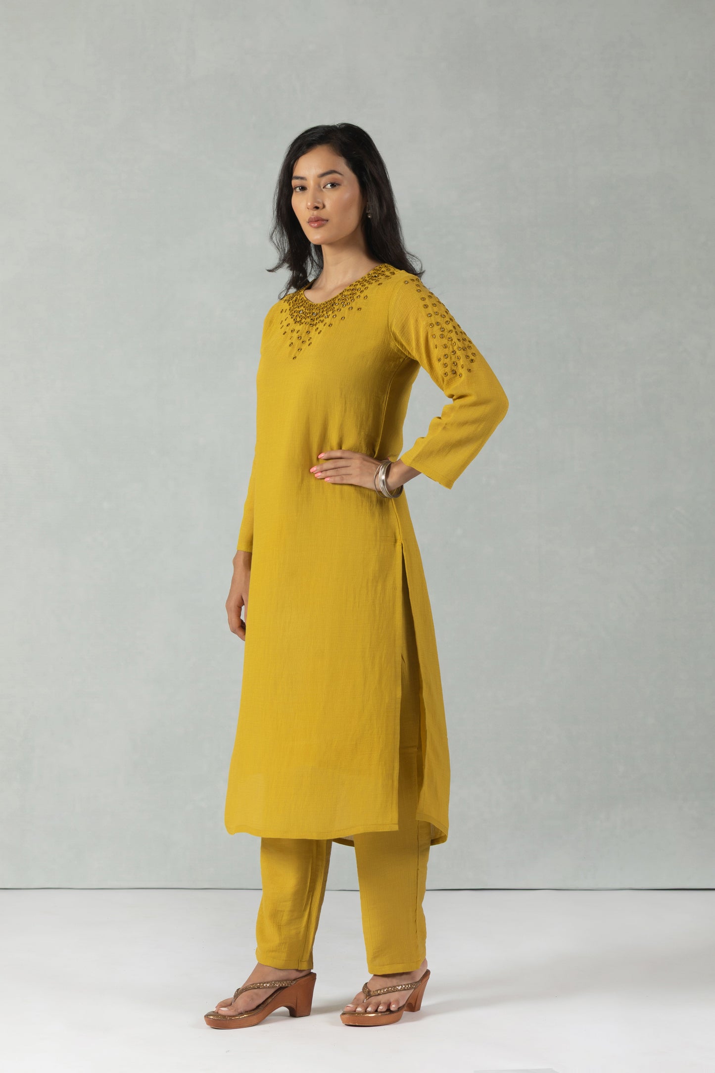 Marigold Round Neck Handwork Ethnic Co-Ord Set