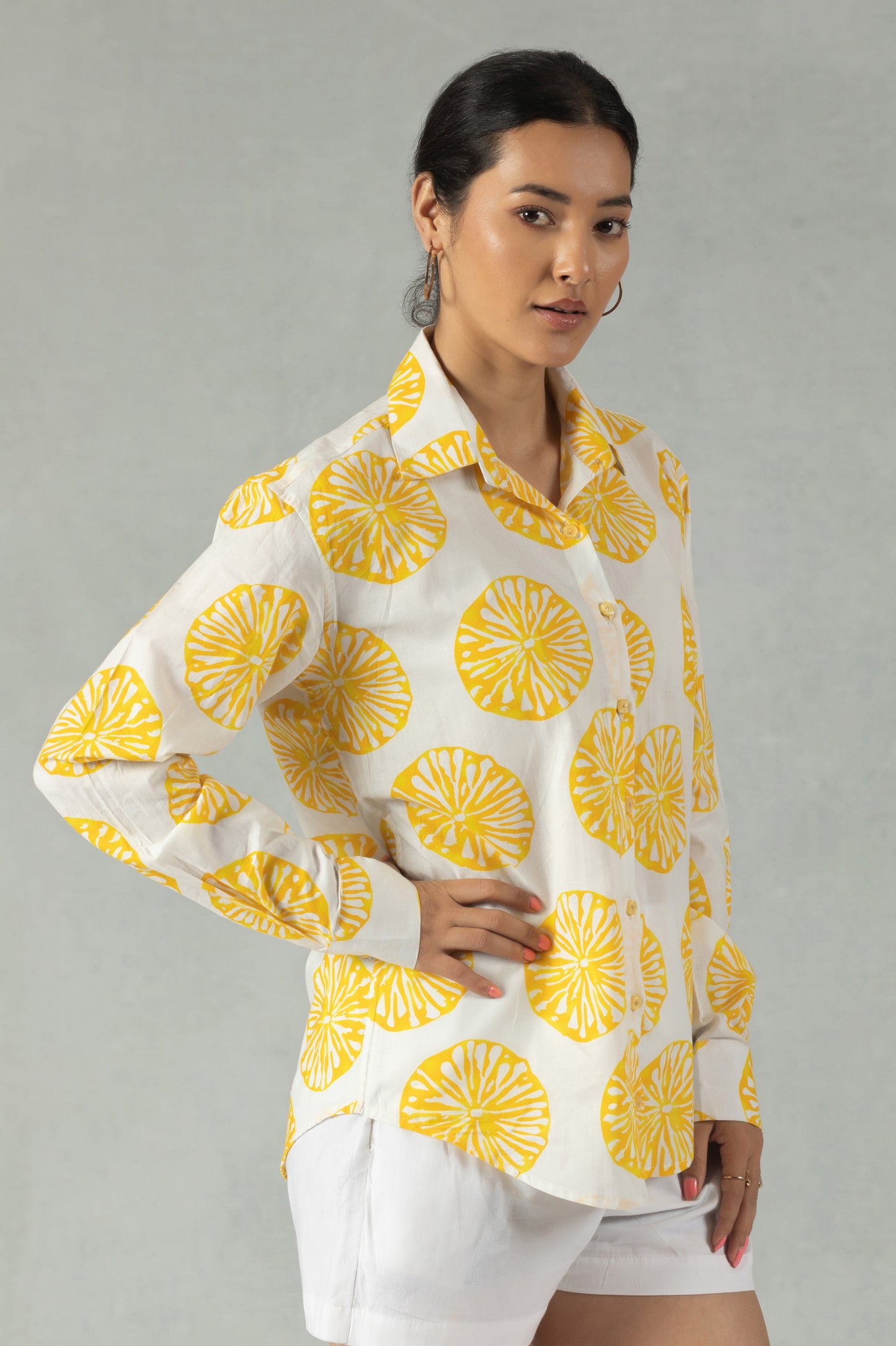 Yellow Cotton Shirt with Sunny Citrus Print