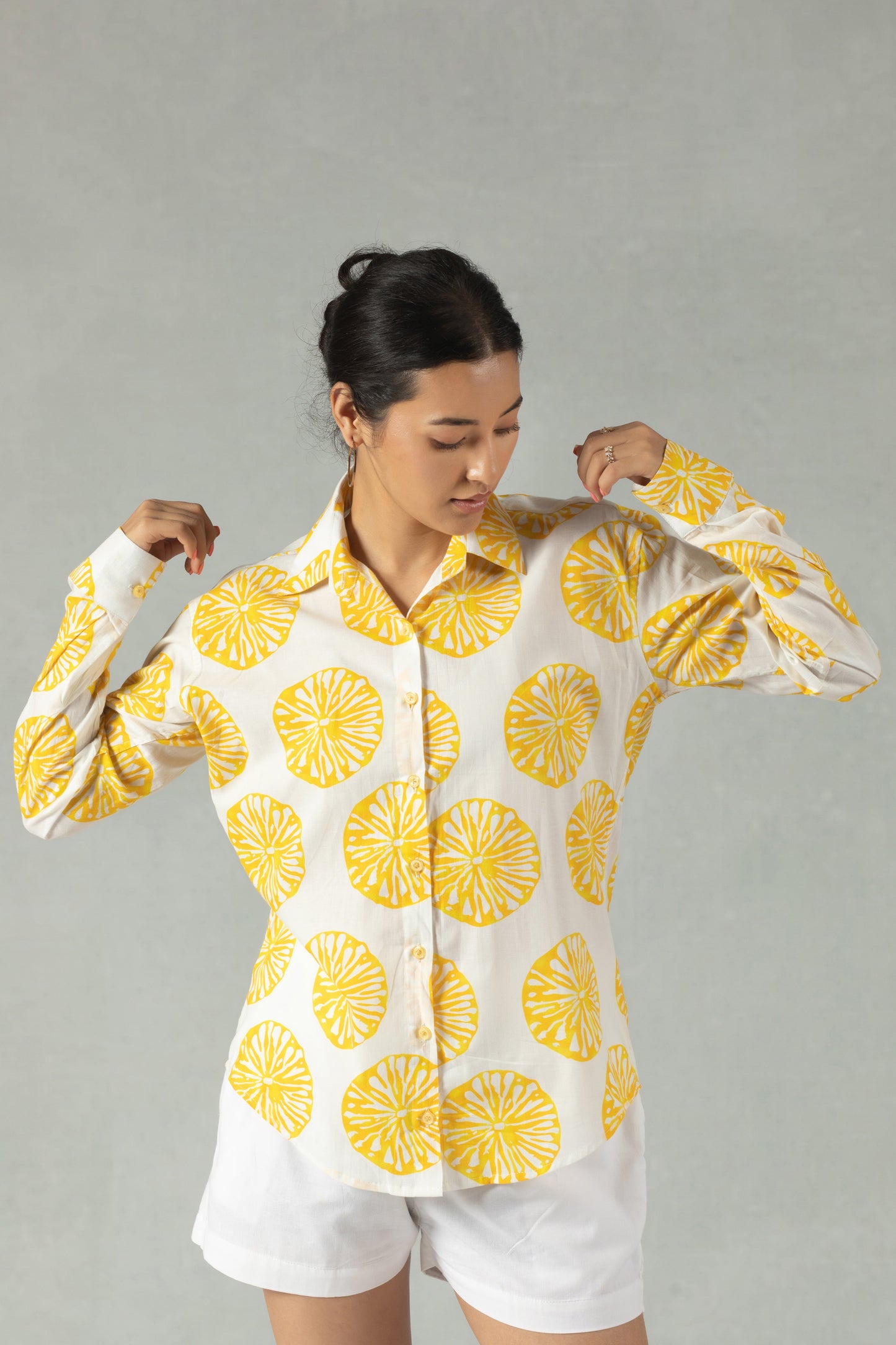 Yellow Cotton Shirt with Sunny Citrus Print
