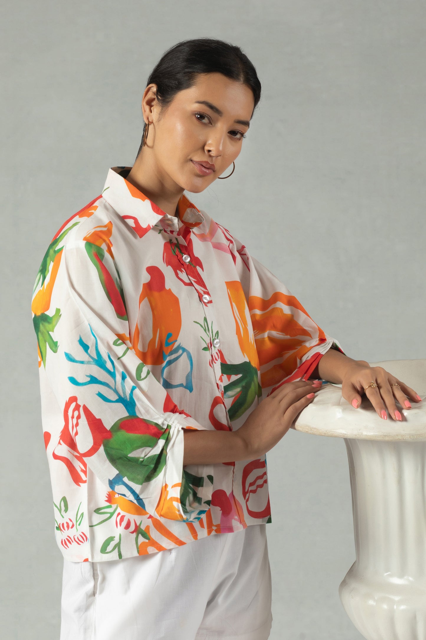White Cotton Shirt with Vibrant Graphic Motifs