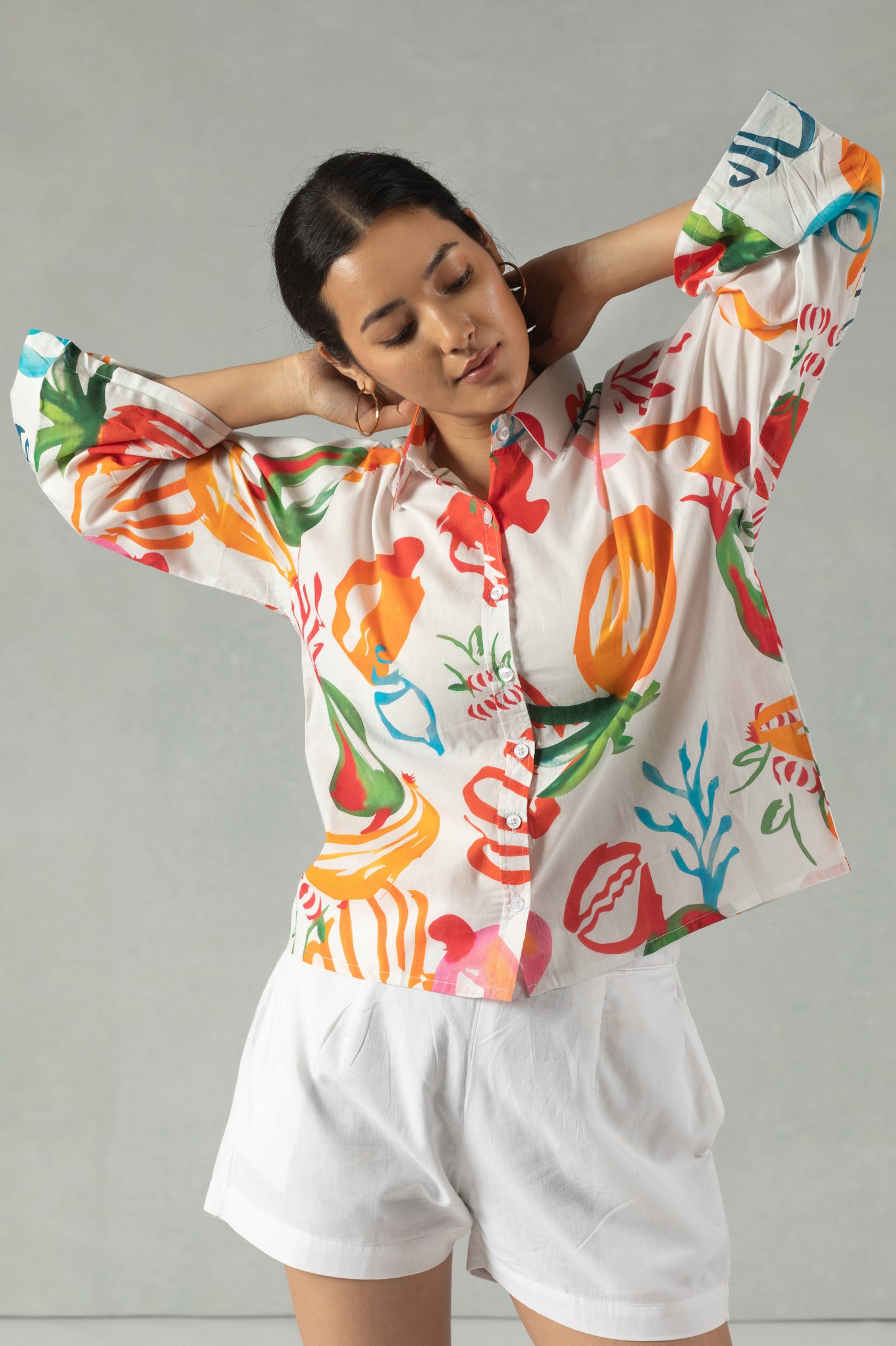White Cotton Shirt with Vibrant Graphic Motifs