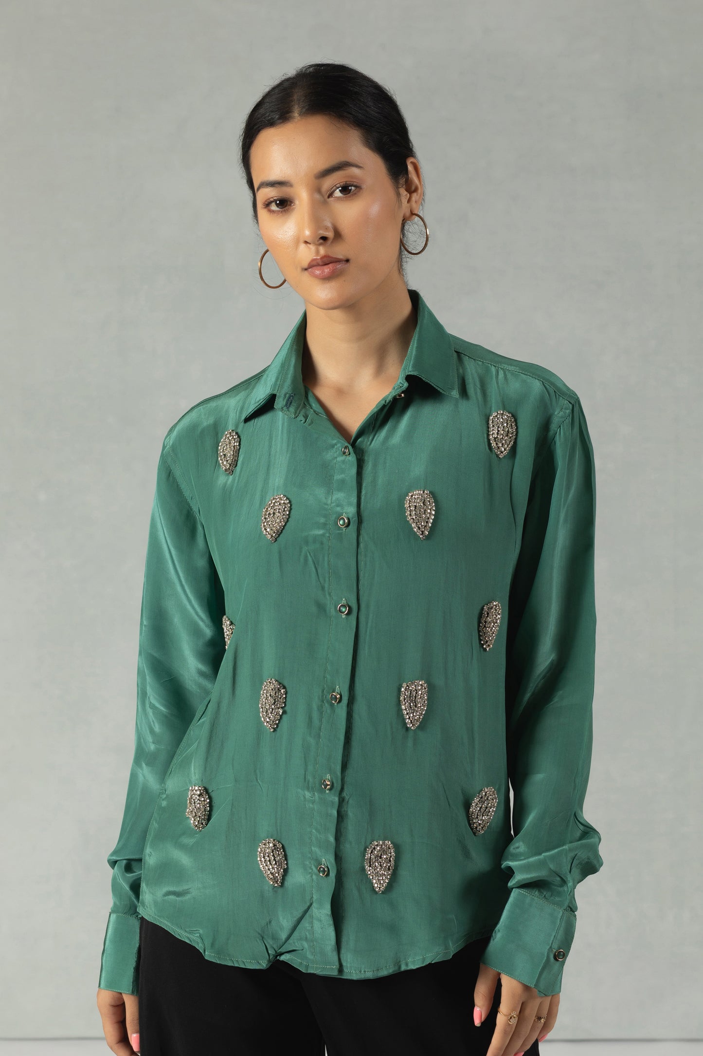 Green Crepe Shirt with Handcrafted Motifs
