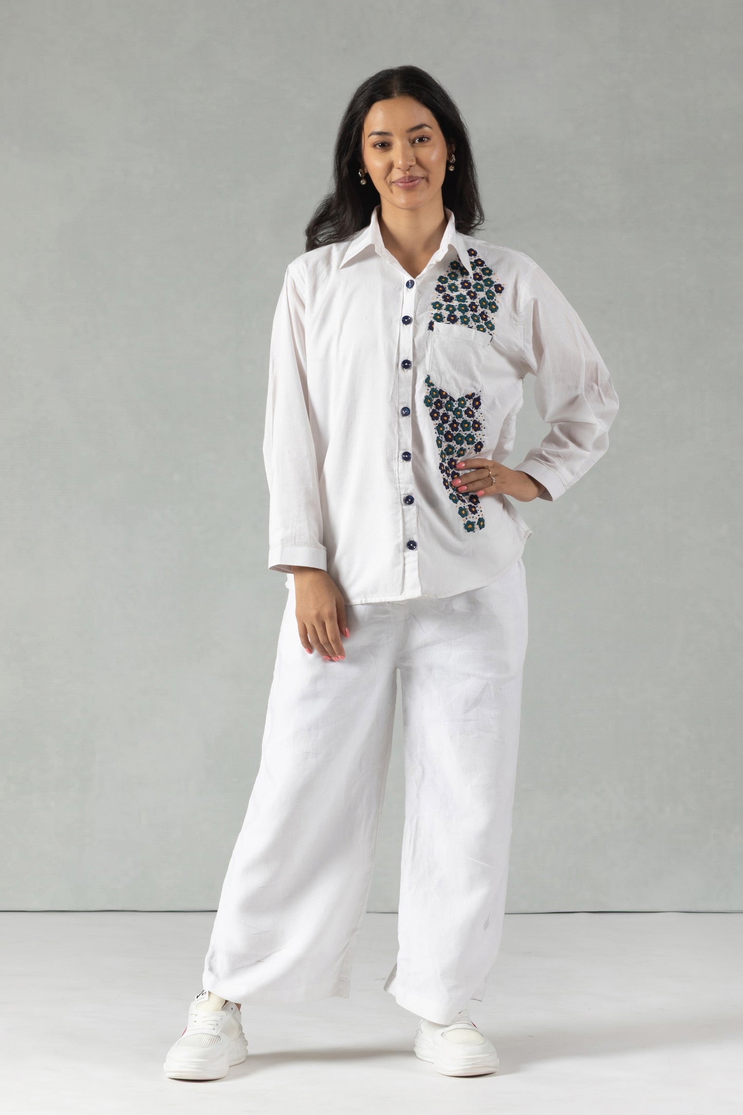 White Cotton Shirt with Monochrome Hand Embroidery