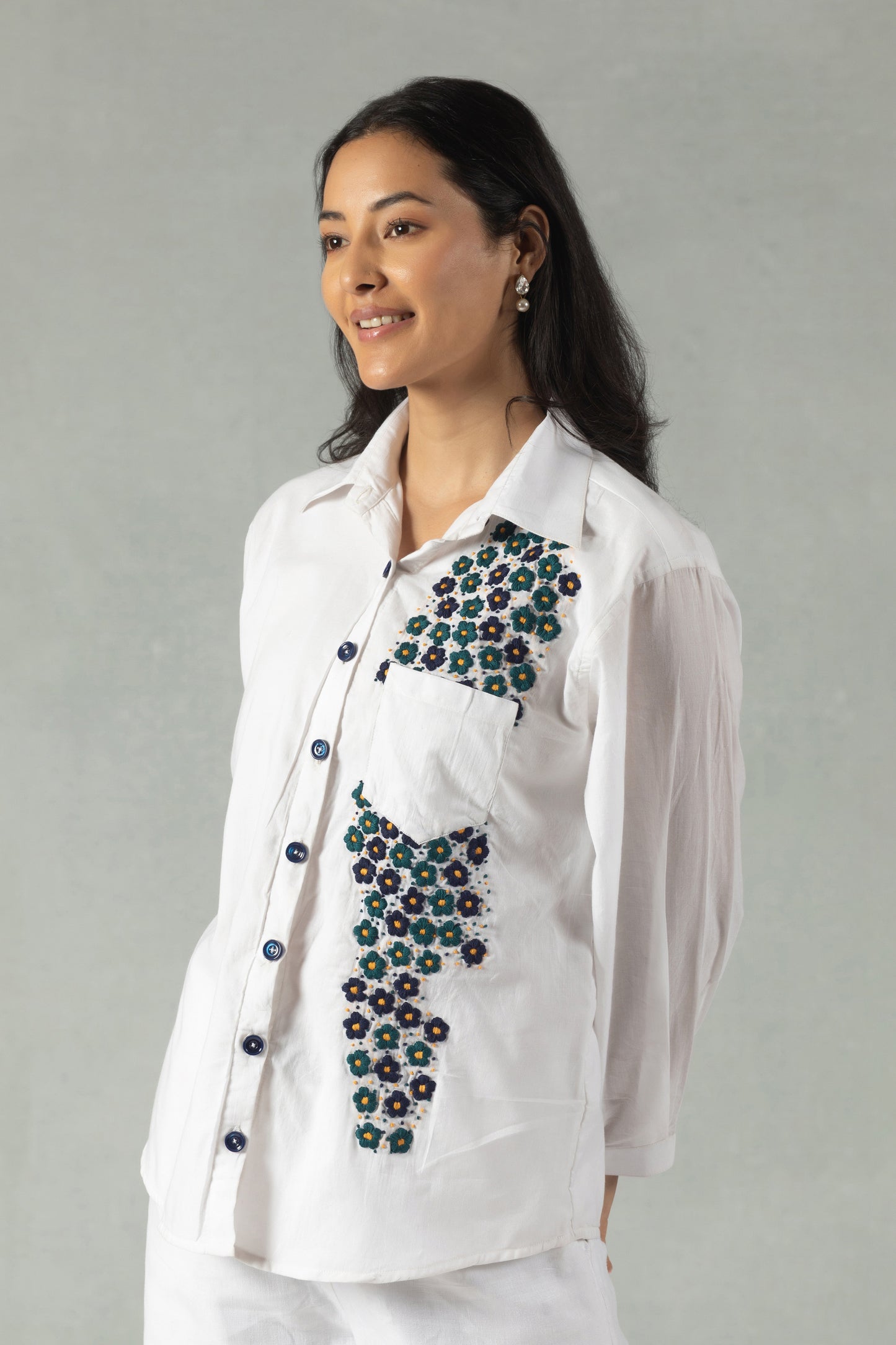 White Cotton Shirt with Monochrome Hand Embroidery