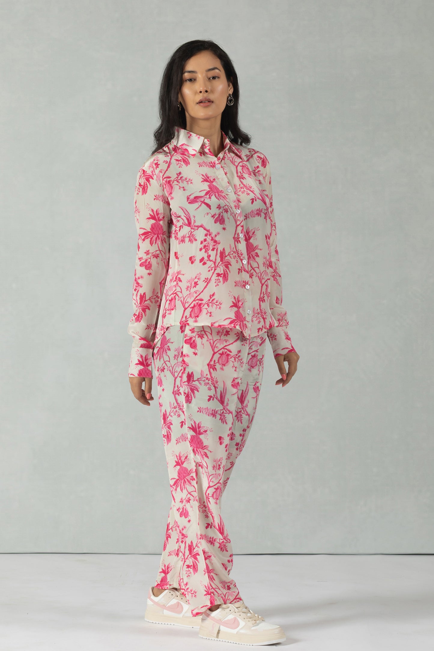 Pink Full Sleeves Floral Crepe Co-Ord Set