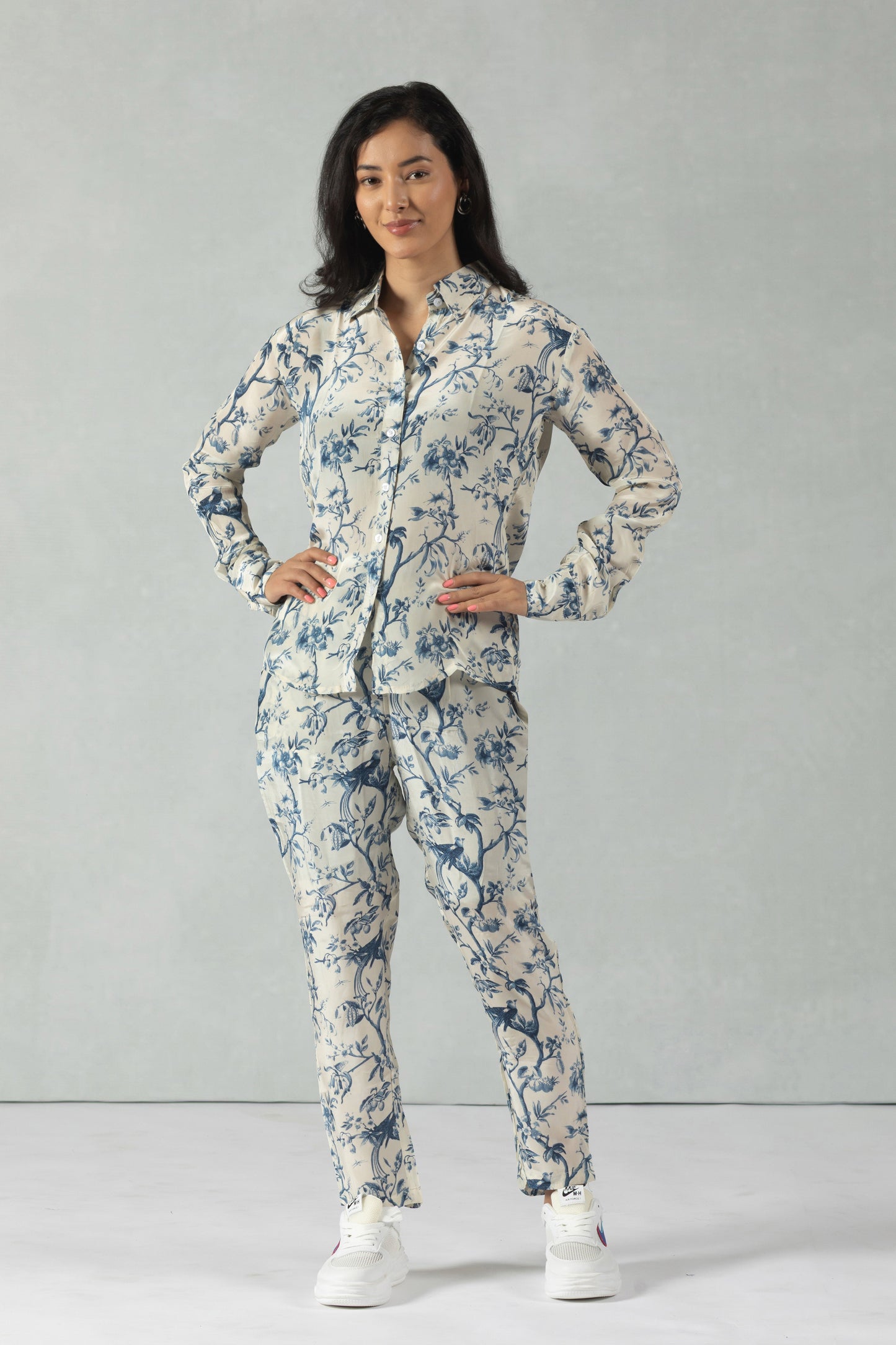 Grey Full Sleeves Floral Crepe Co-Ord Set