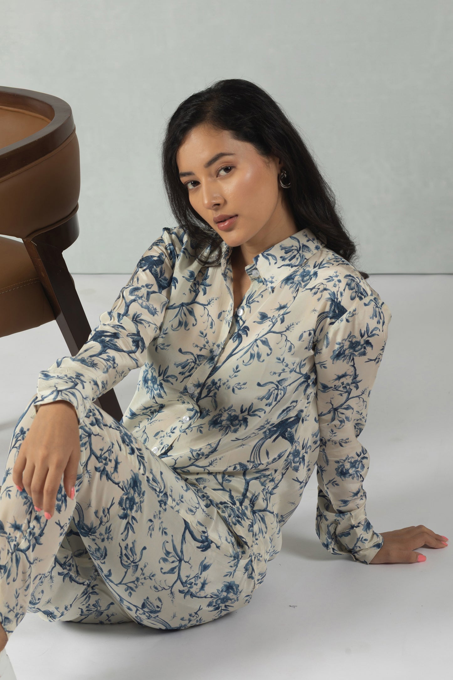 Grey Full Sleeves Floral Crepe Co-Ord Set