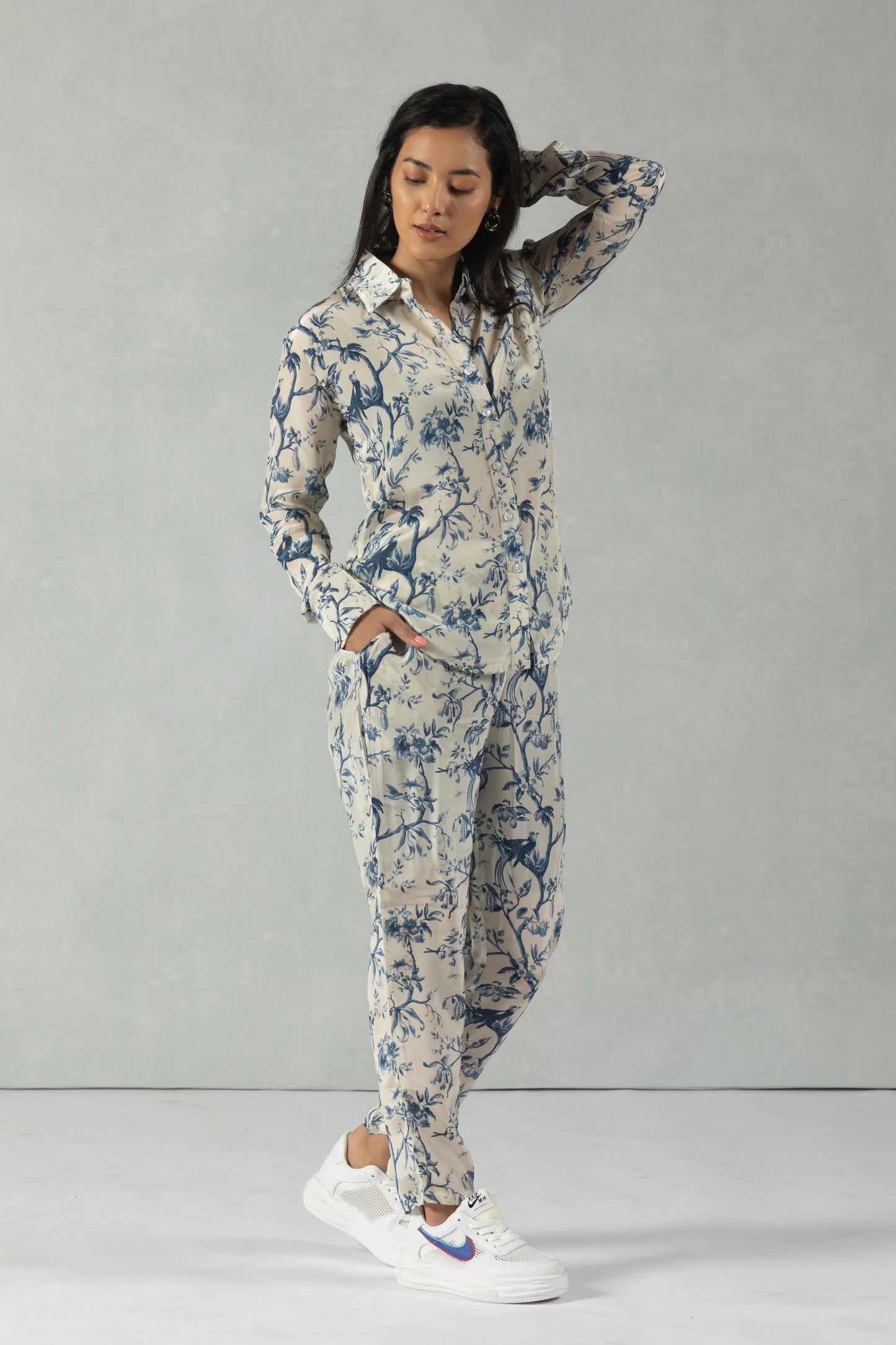 Grey Full Sleeves Floral Crepe Co-Ord Set