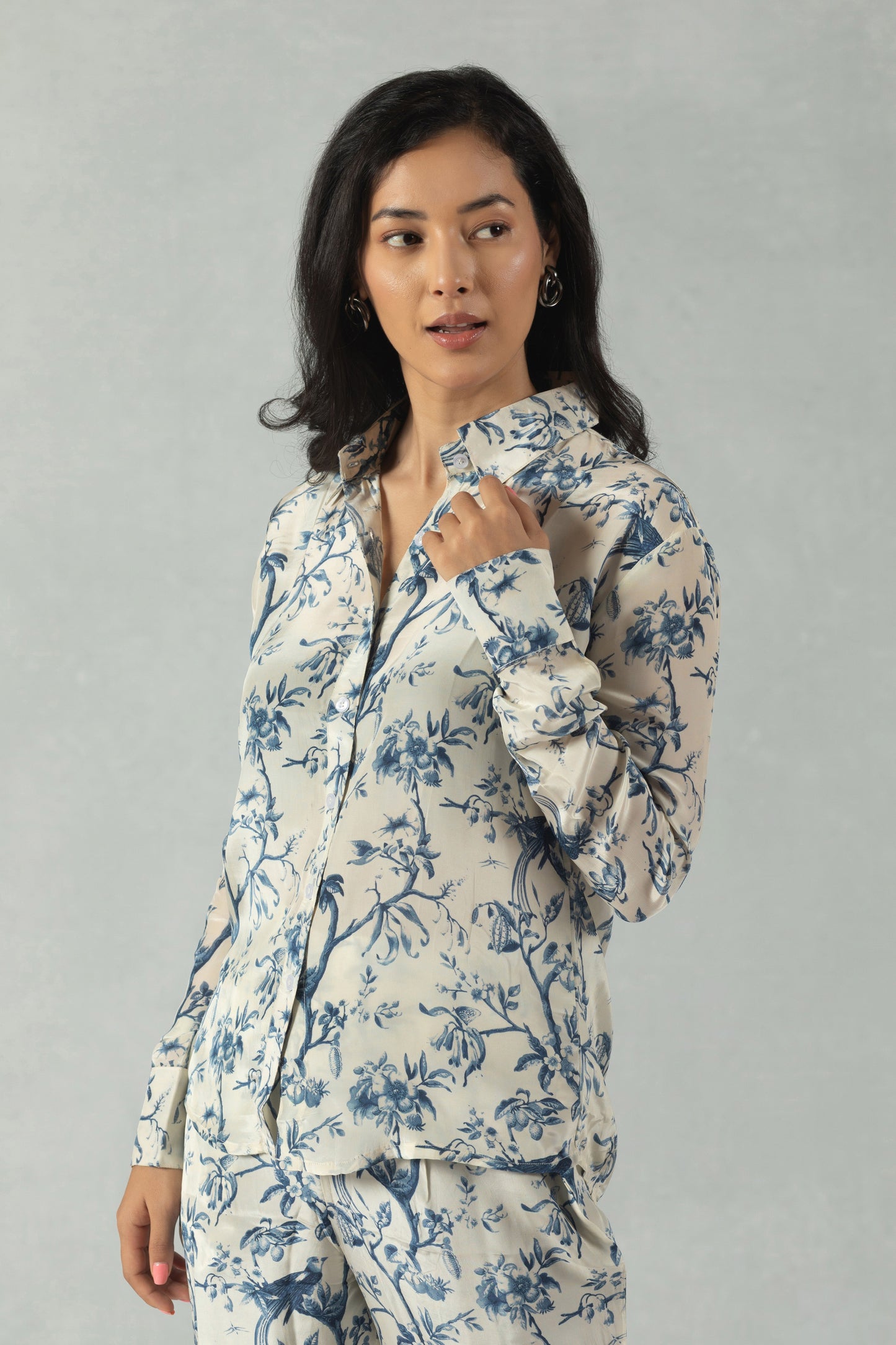 Grey Full Sleeves Floral Crepe Co-Ord Set