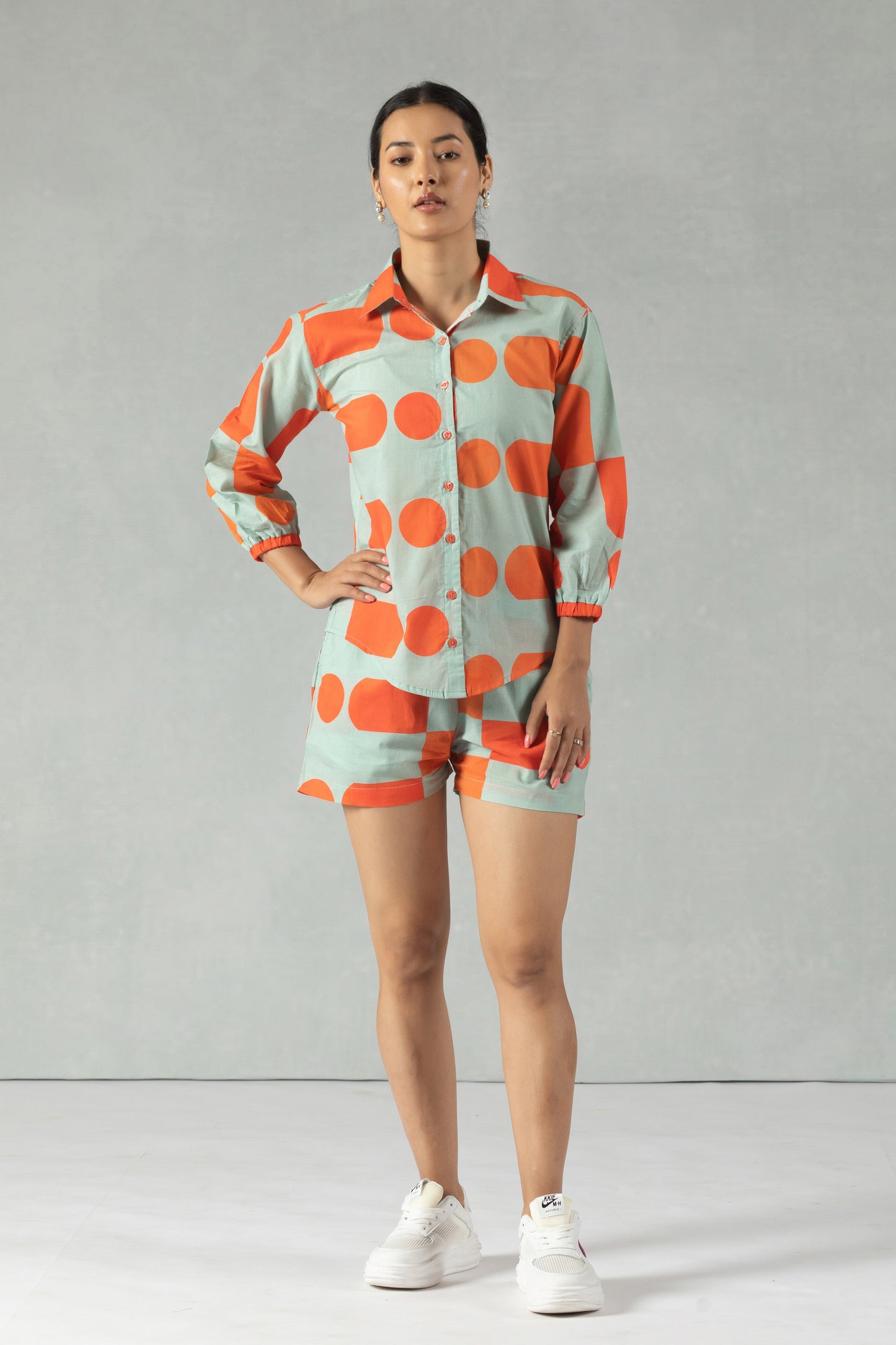 Grey Quarter Sleeves Polka Dot Cotton Co-Ord Set