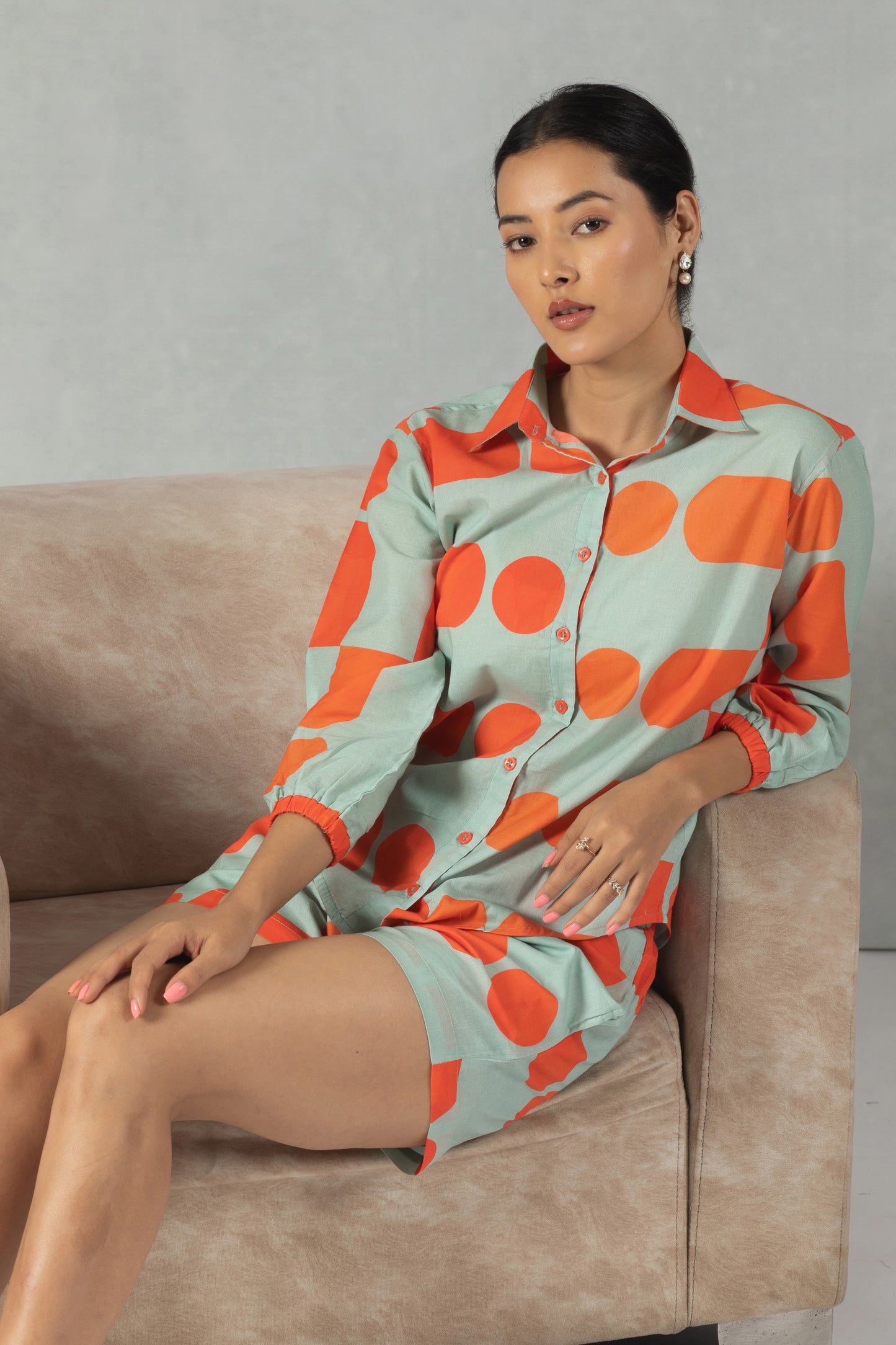 Grey Quarter Sleeves Polka Dot Cotton Co-Ord Set