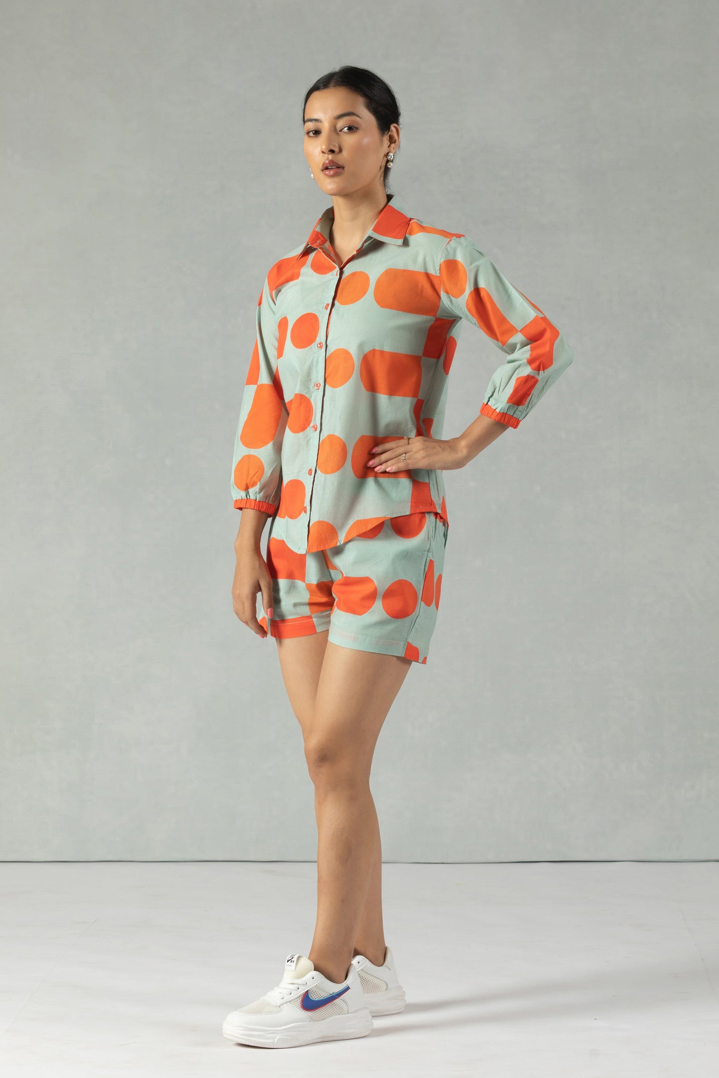 Grey Quarter Sleeves Polka Dot Cotton Co-Ord Set