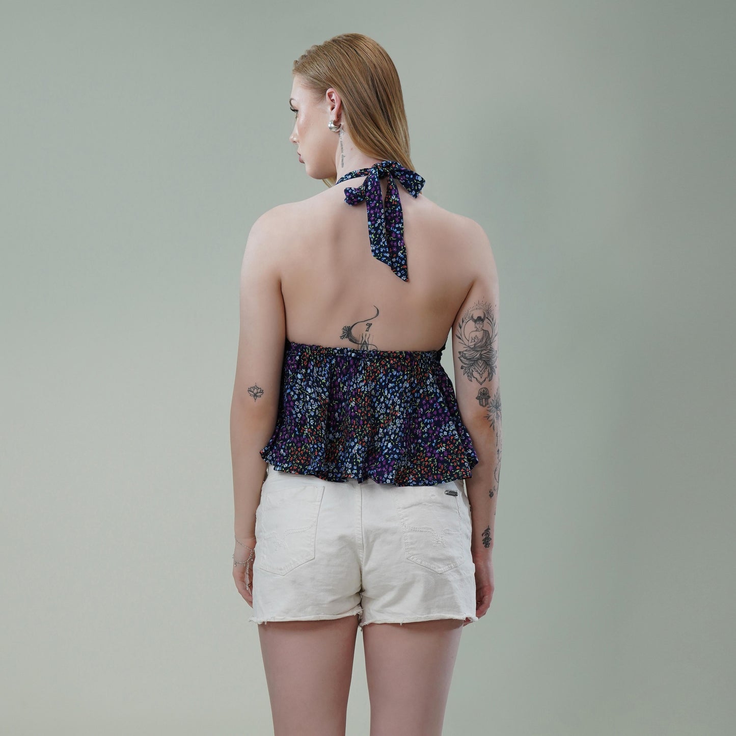 Halter Neck Floral Printed Top with Empire Waist & Tie-Up Back