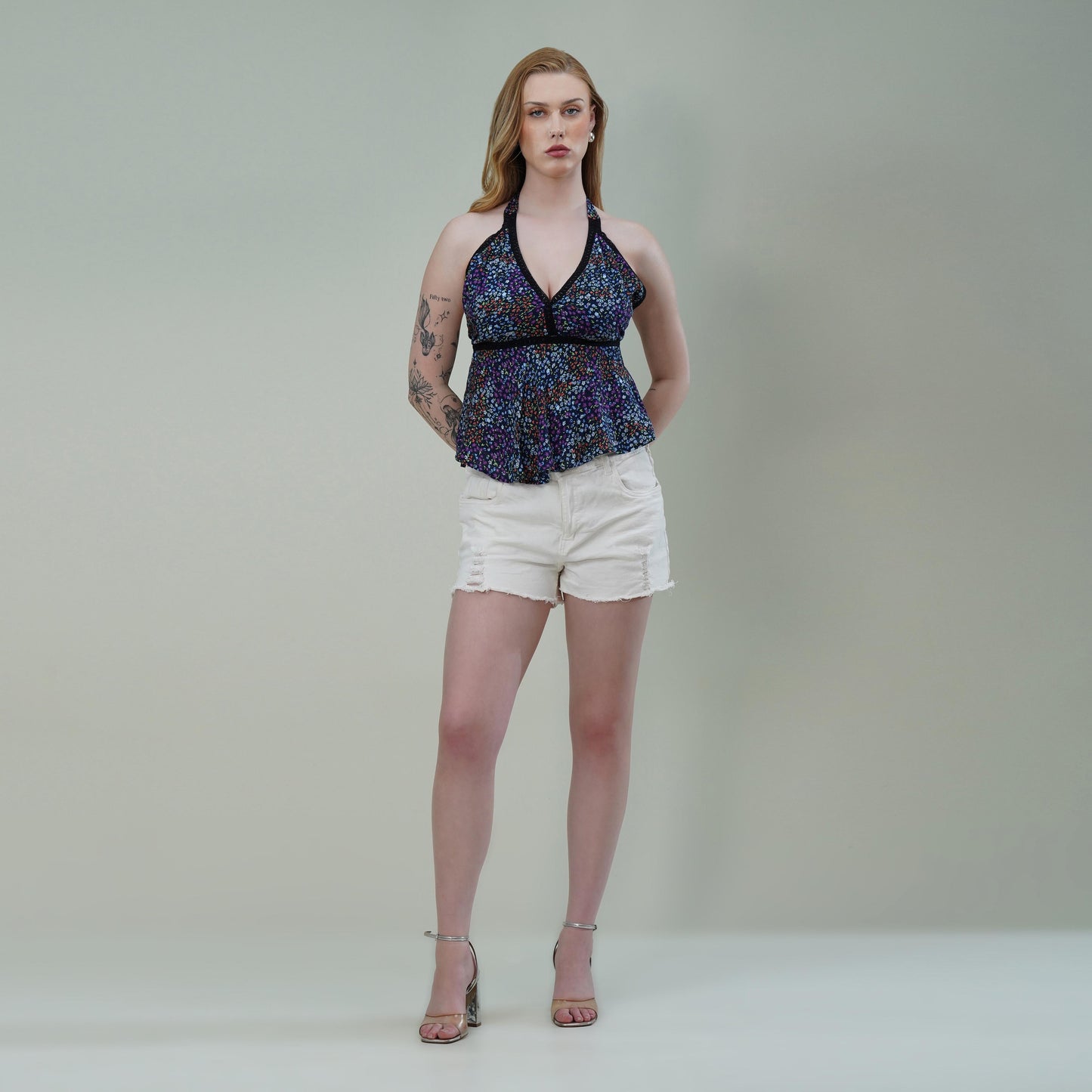 Halter Neck Floral Printed Top with Empire Waist & Tie-Up Back