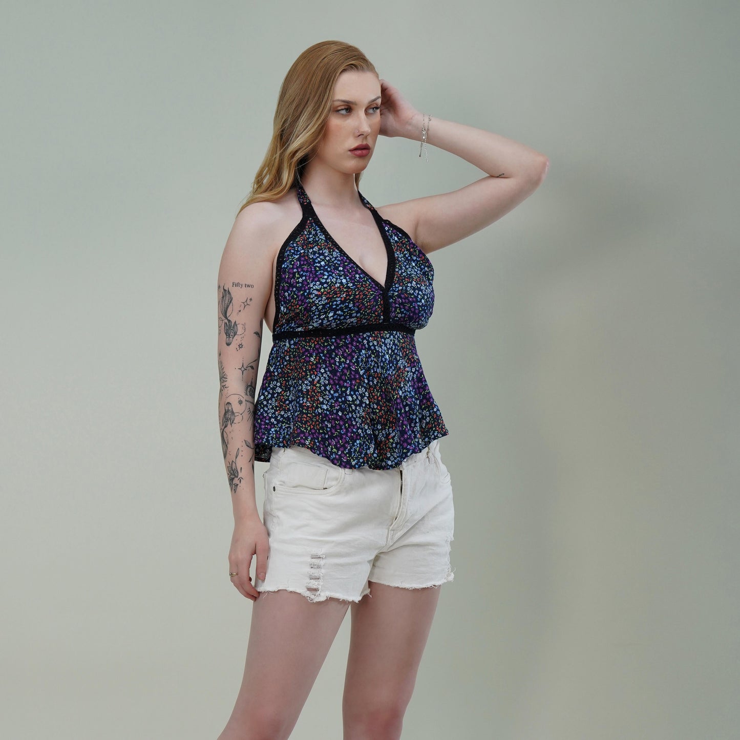 Halter Neck Floral Printed Top with Empire Waist & Tie-Up Back