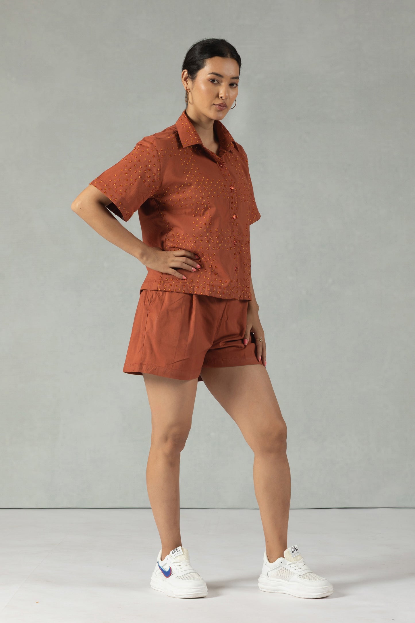 Brown Half Sleeves Solid Cotton Co-Ord Set