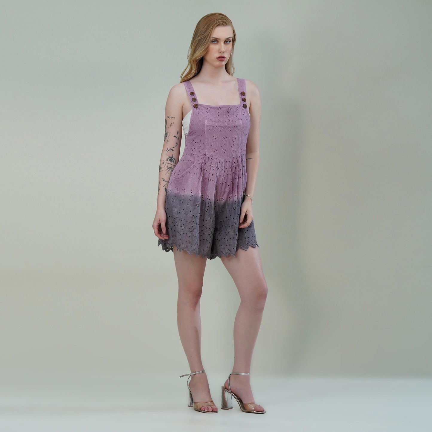 Mauve Cotton Ombre Schiffli Jumpsuit with Scalloped Hem & Buttoned Straps