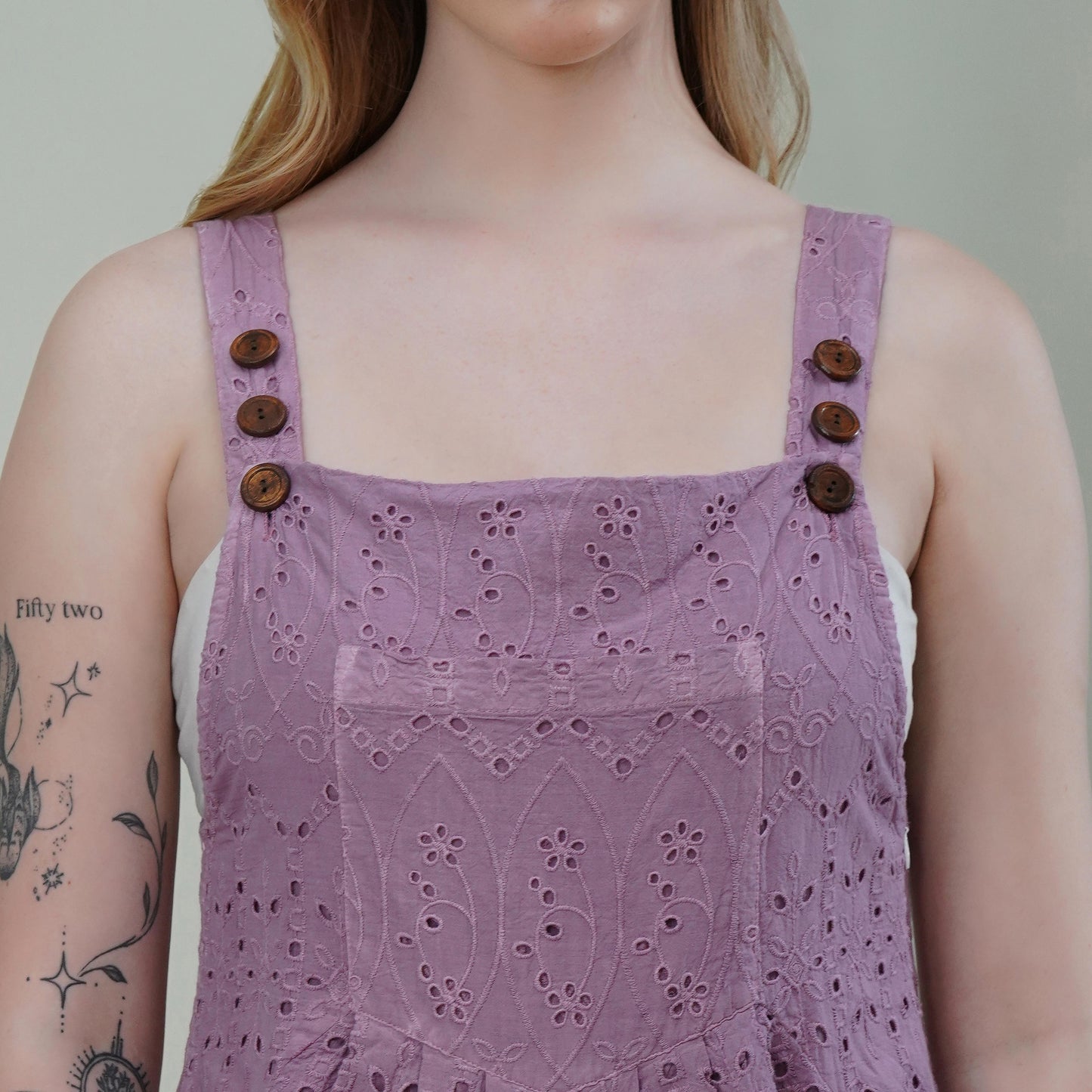 Mauve Cotton Ombre Schiffli Jumpsuit with Scalloped Hem & Buttoned Straps