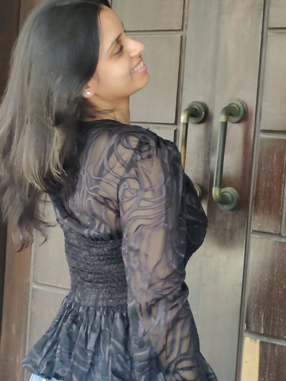 Black Georgette Burnout Textured Top with Smocked Waist