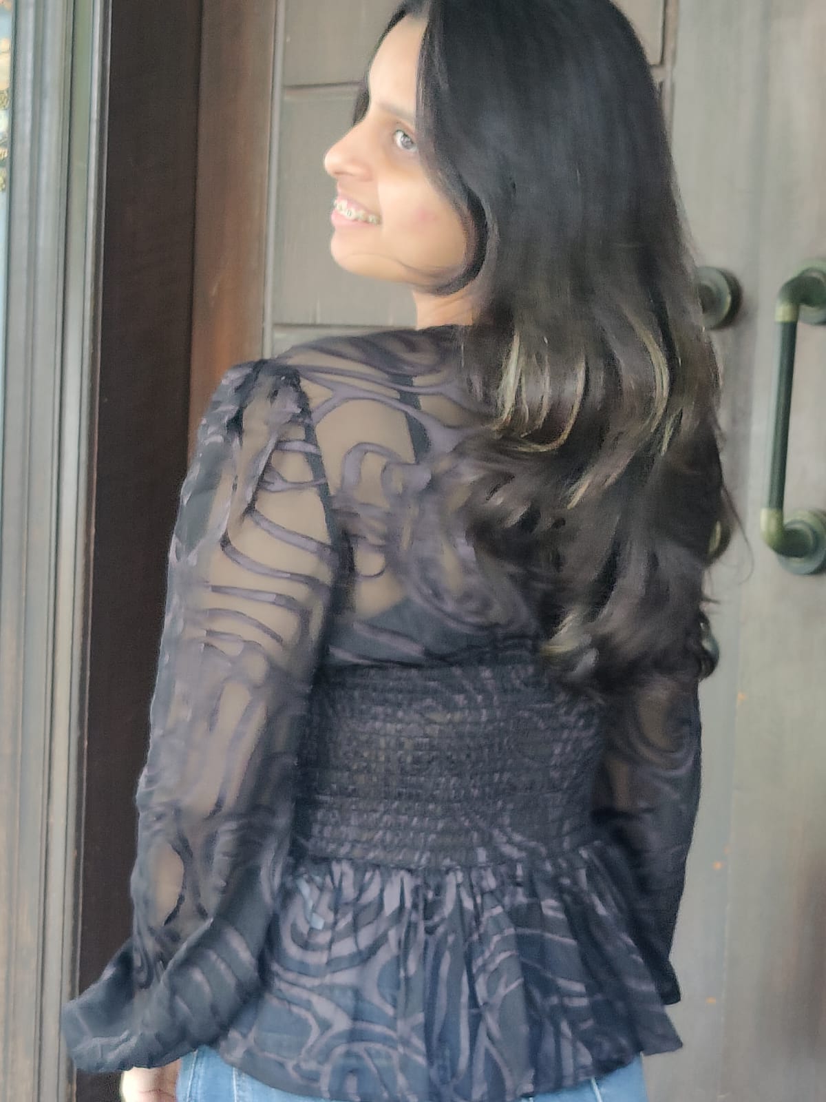 Black Georgette Burnout Textured Top with Smocked Waist