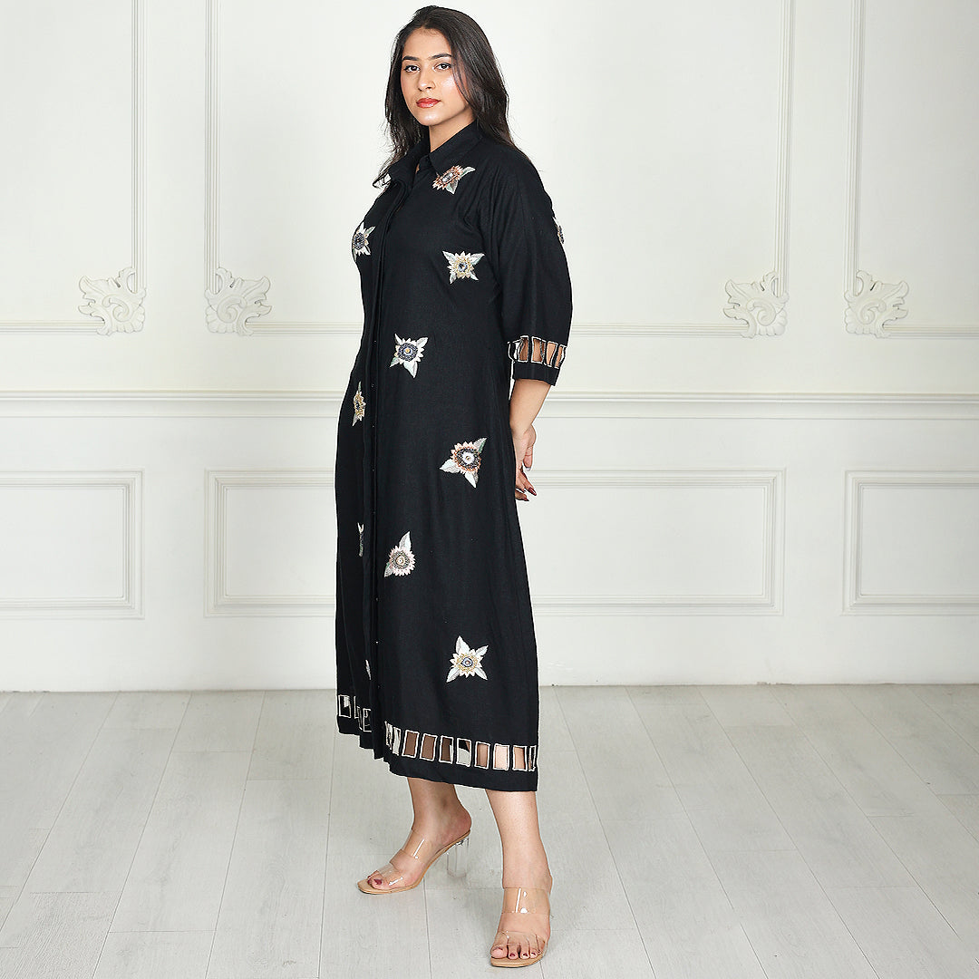 Luxe Nera Bellezza Hand-Embroidered Linen Dress