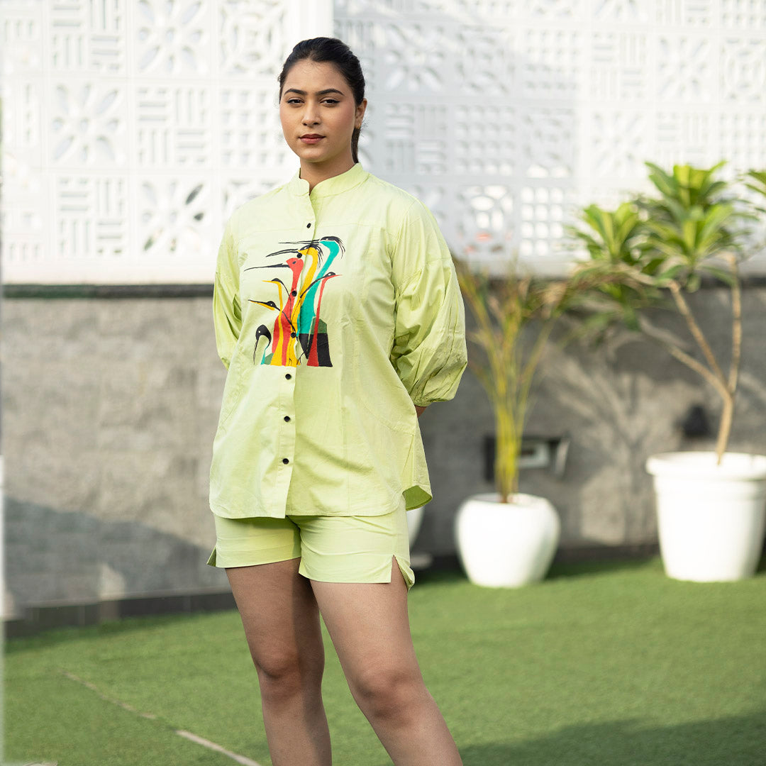 Boho Birds Hand-Painted Shirt – Neon Green Edition