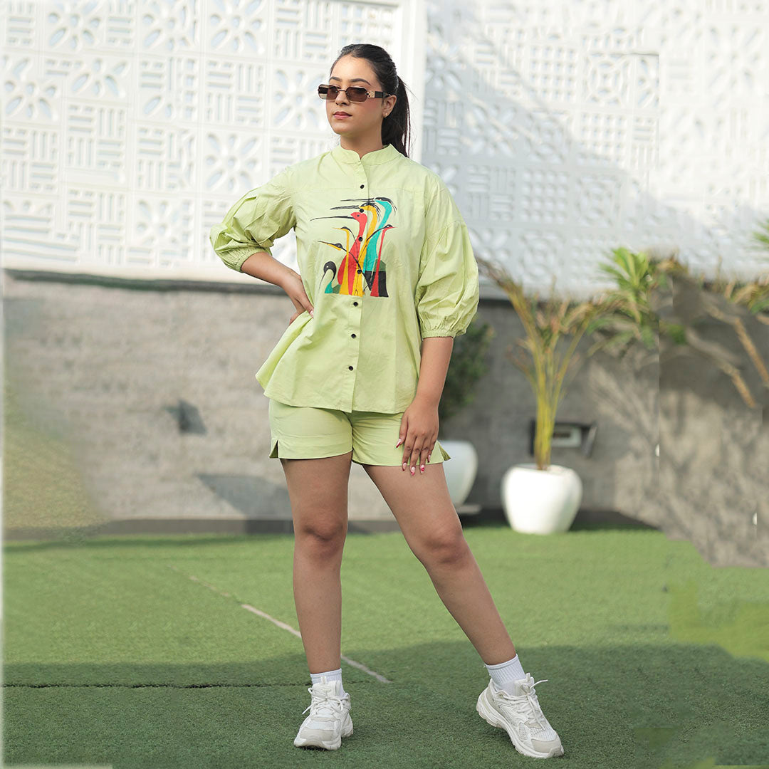 Boho Birds Hand-Painted Shirt – Neon Green Edition