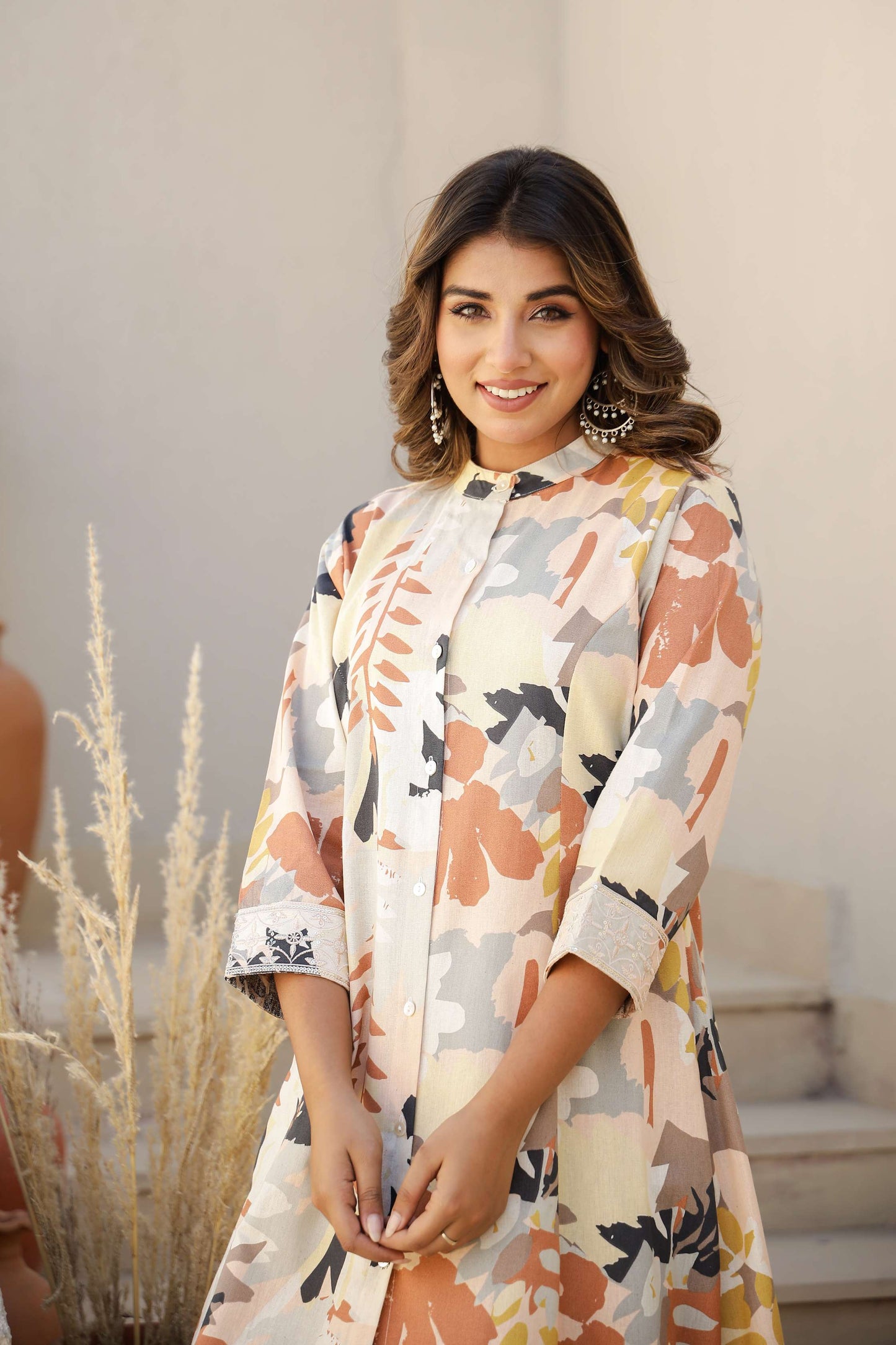 Cotton Flax A-Line Kurta Set with Handcrafted Detailing – Black & Rust Print