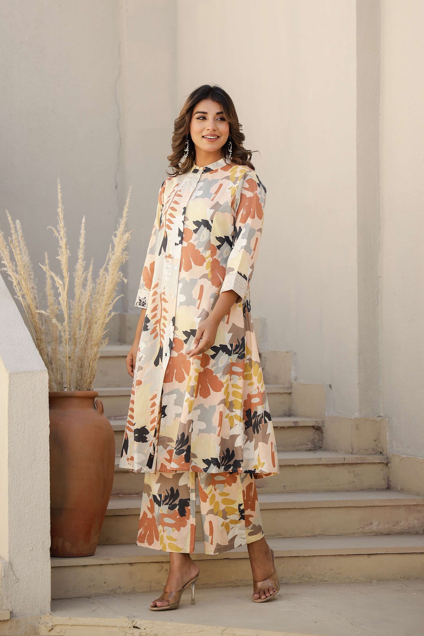 Cotton Flax A-Line Kurta Set with Handcrafted Detailing – Black & Rust Print