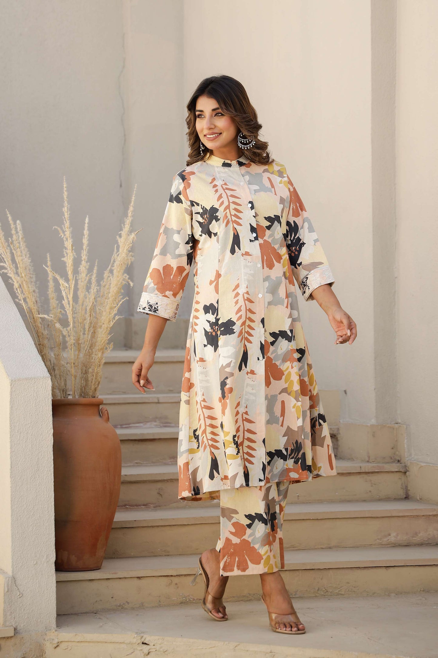 Cotton Flax A-Line Kurta Set with Handcrafted Detailing – Black & Rust Print