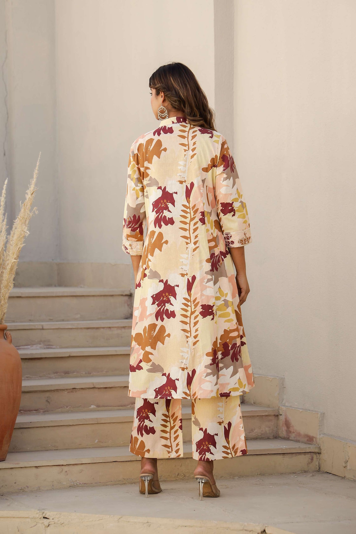 Cotton Flax A-Line Kurta Set with Handcrafted Detailing – Maroon & Mustard Print