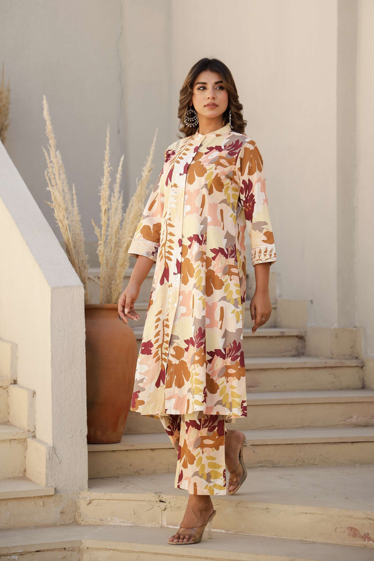 Cotton Flax A-Line Kurta Set with Handcrafted Detailing – Maroon & Mustard Print