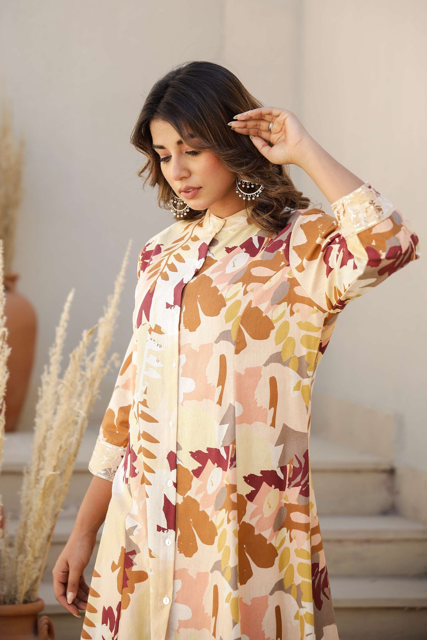 Cotton Flax A-Line Kurta Set with Handcrafted Detailing – Maroon & Mustard Print