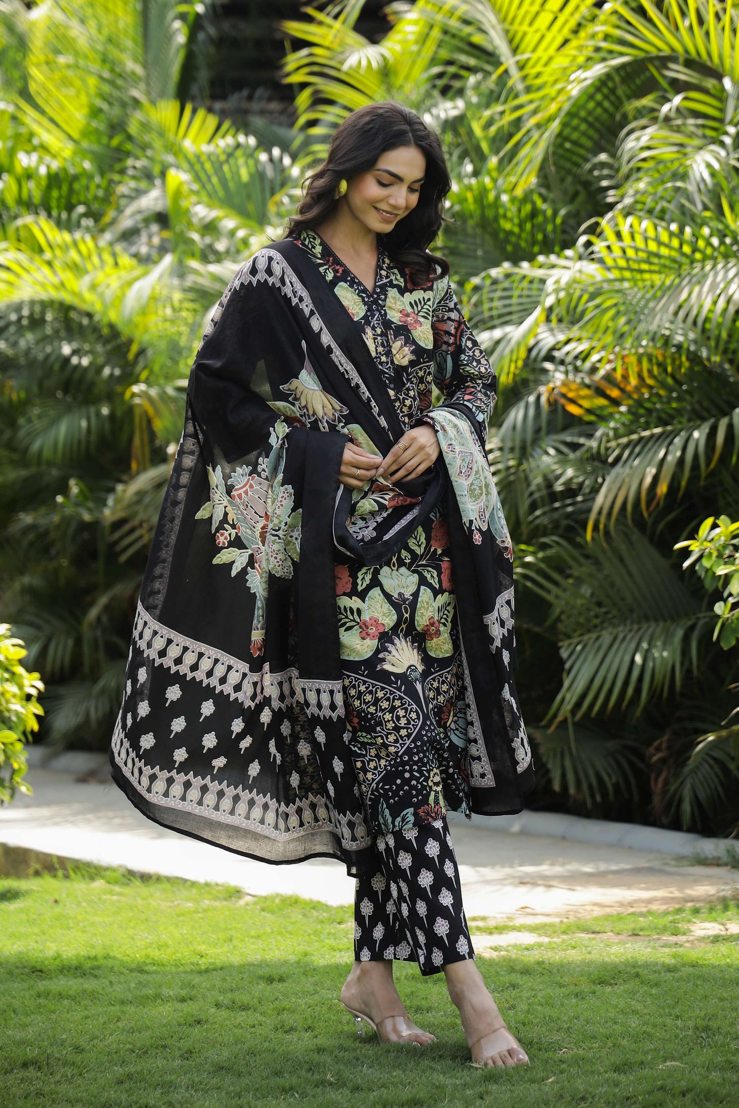 Black Floral Printed Cotton Kurta Set with Dupatta & Pants