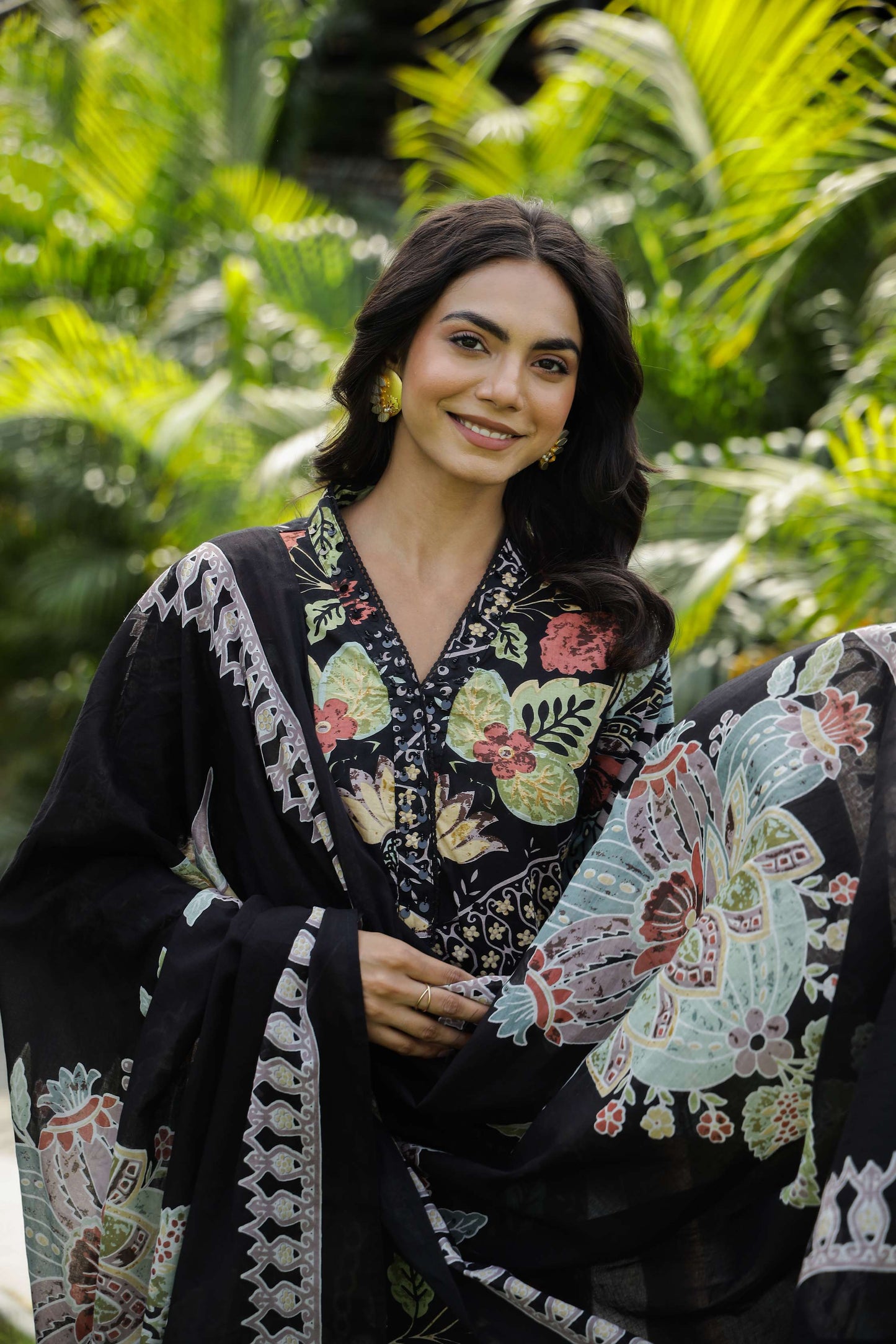 Black Floral Printed Cotton Kurta Set with Dupatta & Pants