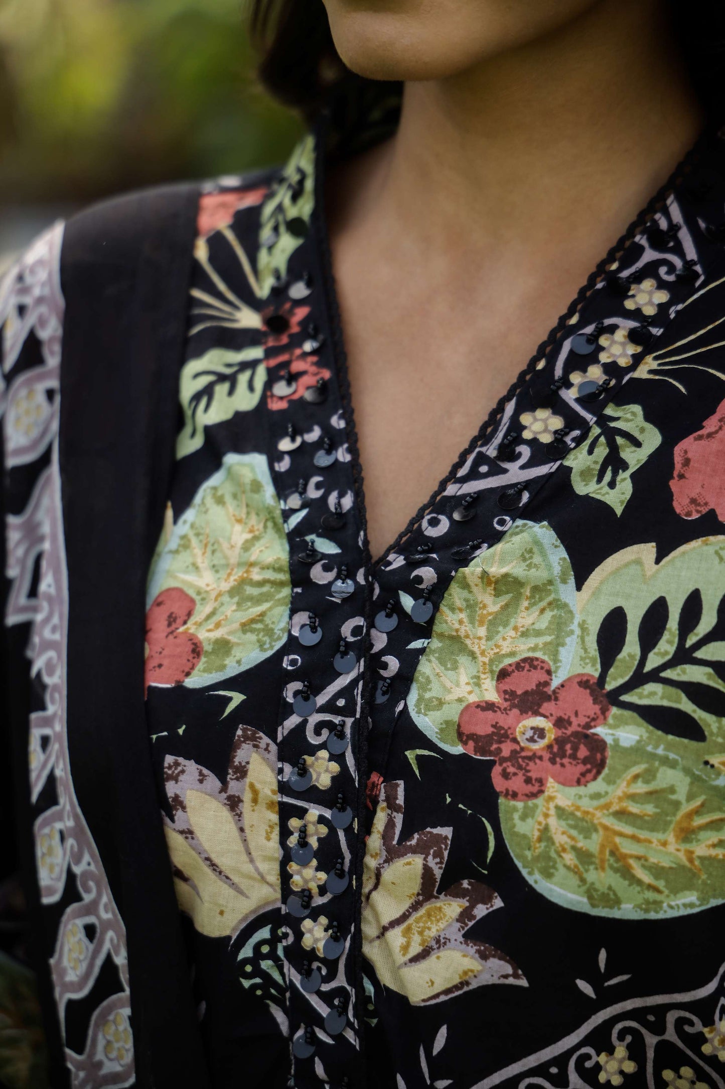 Black Floral Printed Cotton Kurta Set with Dupatta & Pants