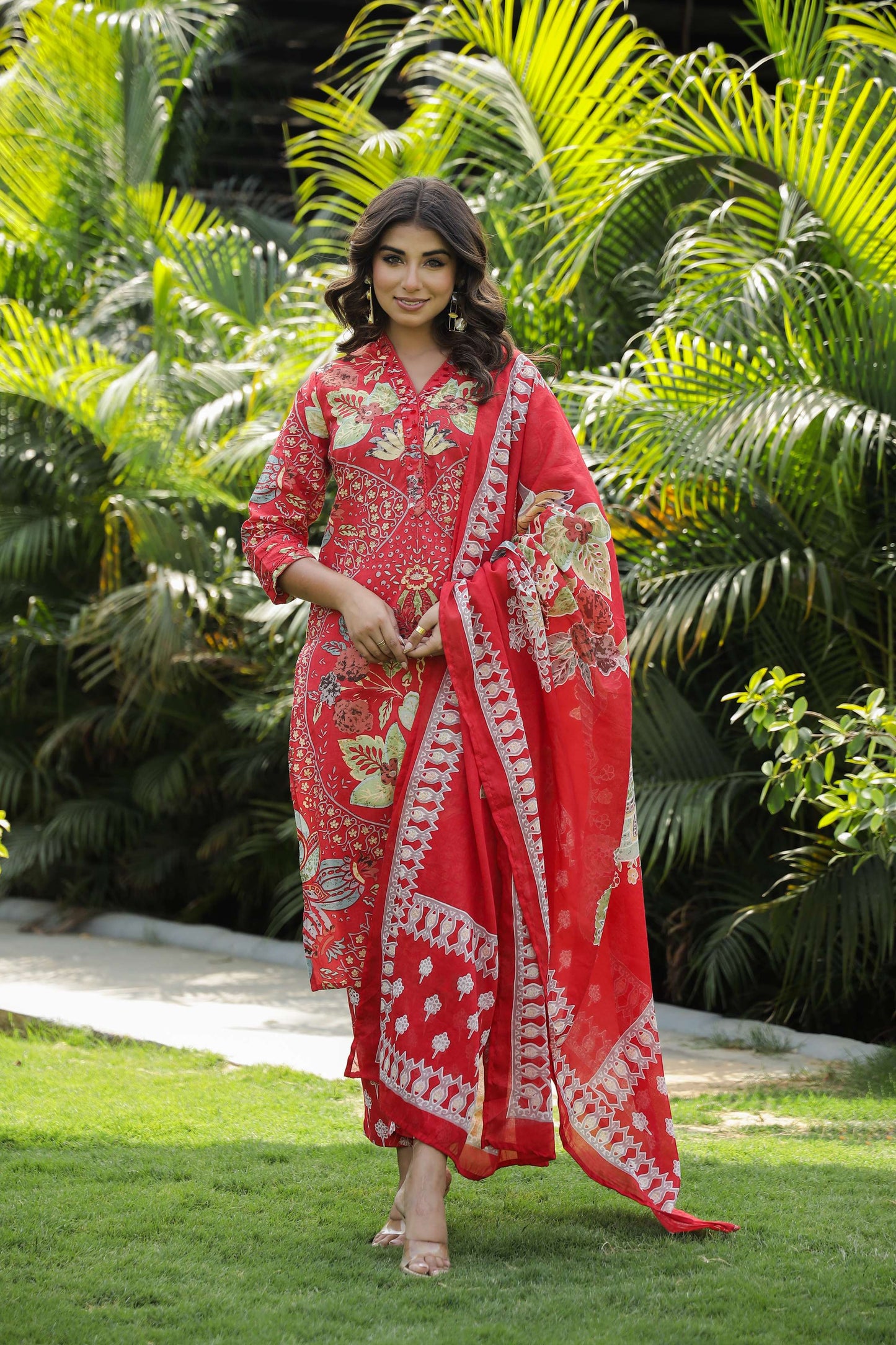 Red Floral Printed Cotton Kurta Set with Dupatta & Pants