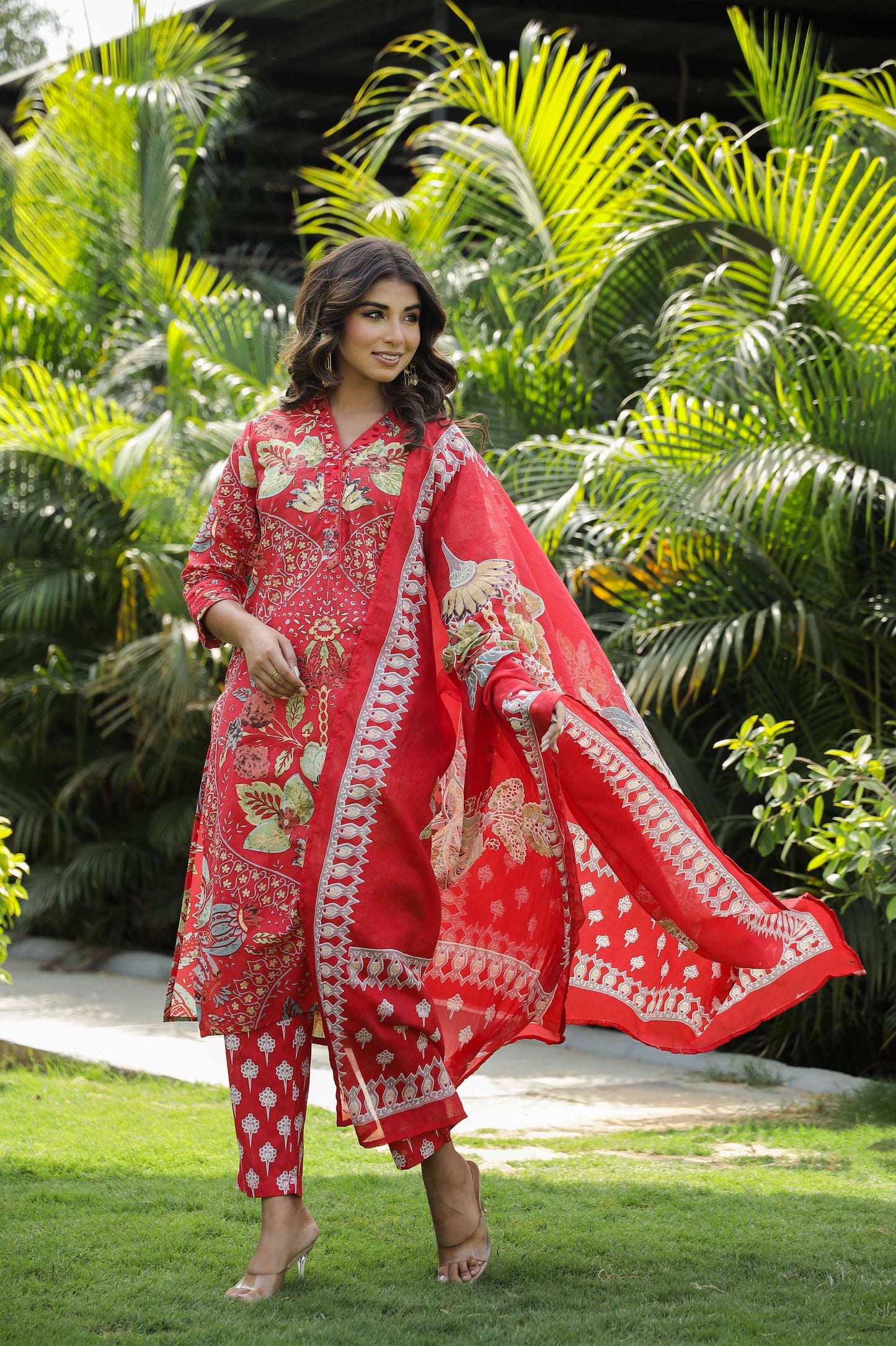 Red Floral Printed Cotton Kurta Set with Dupatta & Pants