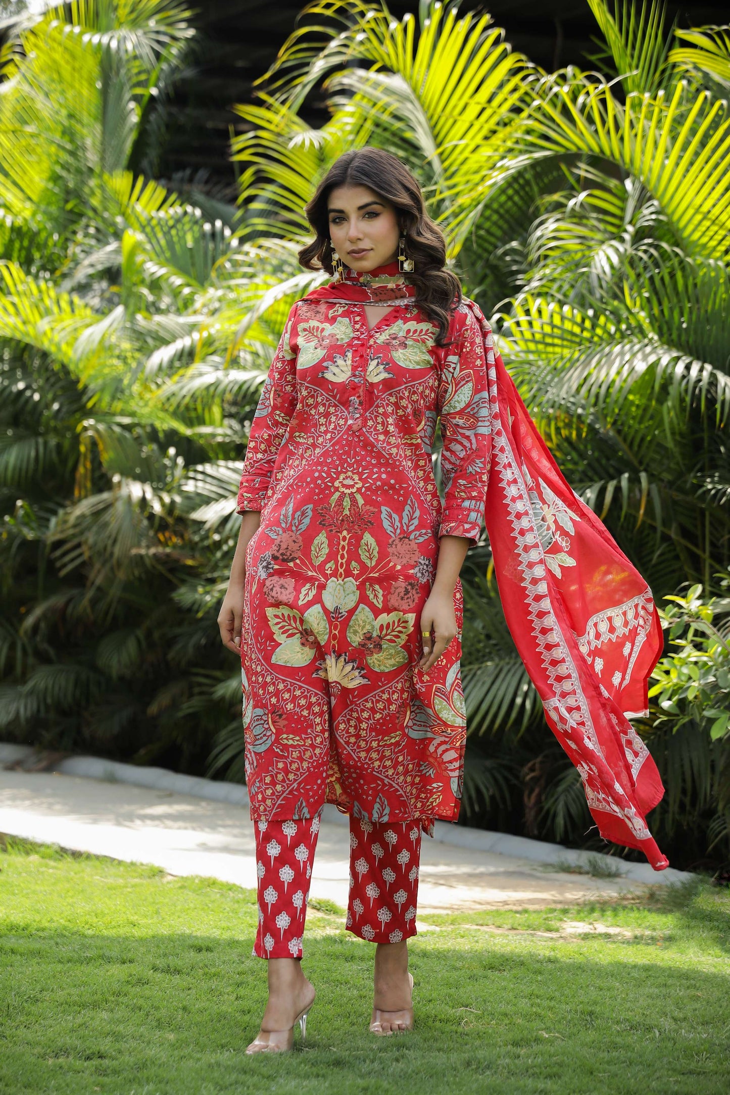 Red Floral Printed Cotton Kurta Set with Dupatta & Pants