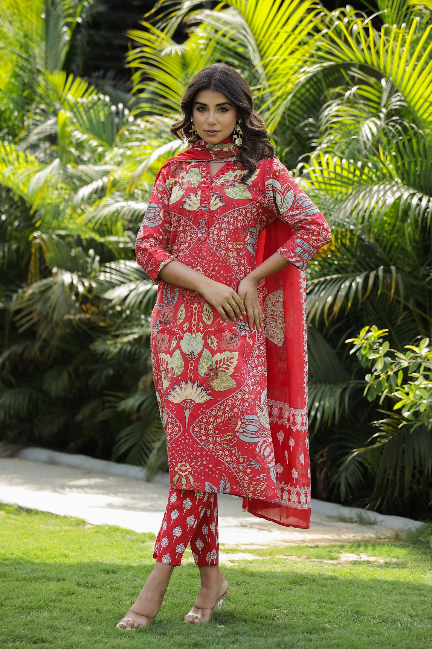 Red Floral Printed Cotton Kurta Set with Dupatta & Pants