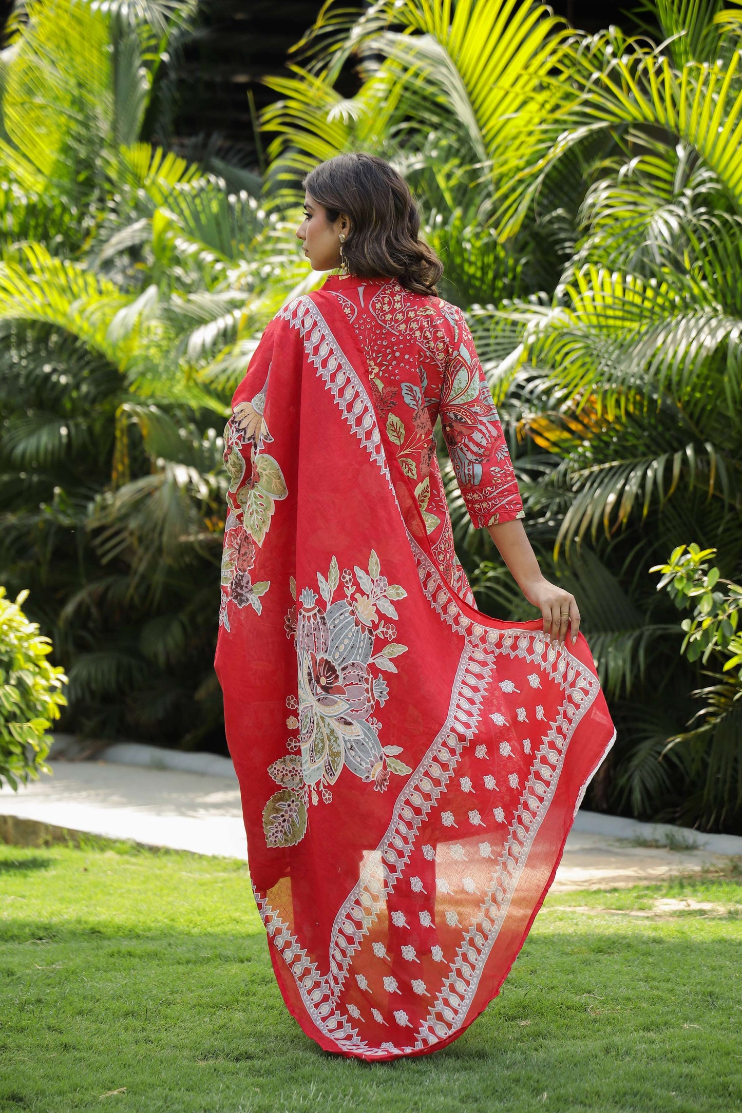 Red Floral Printed Cotton Kurta Set with Dupatta & Pants