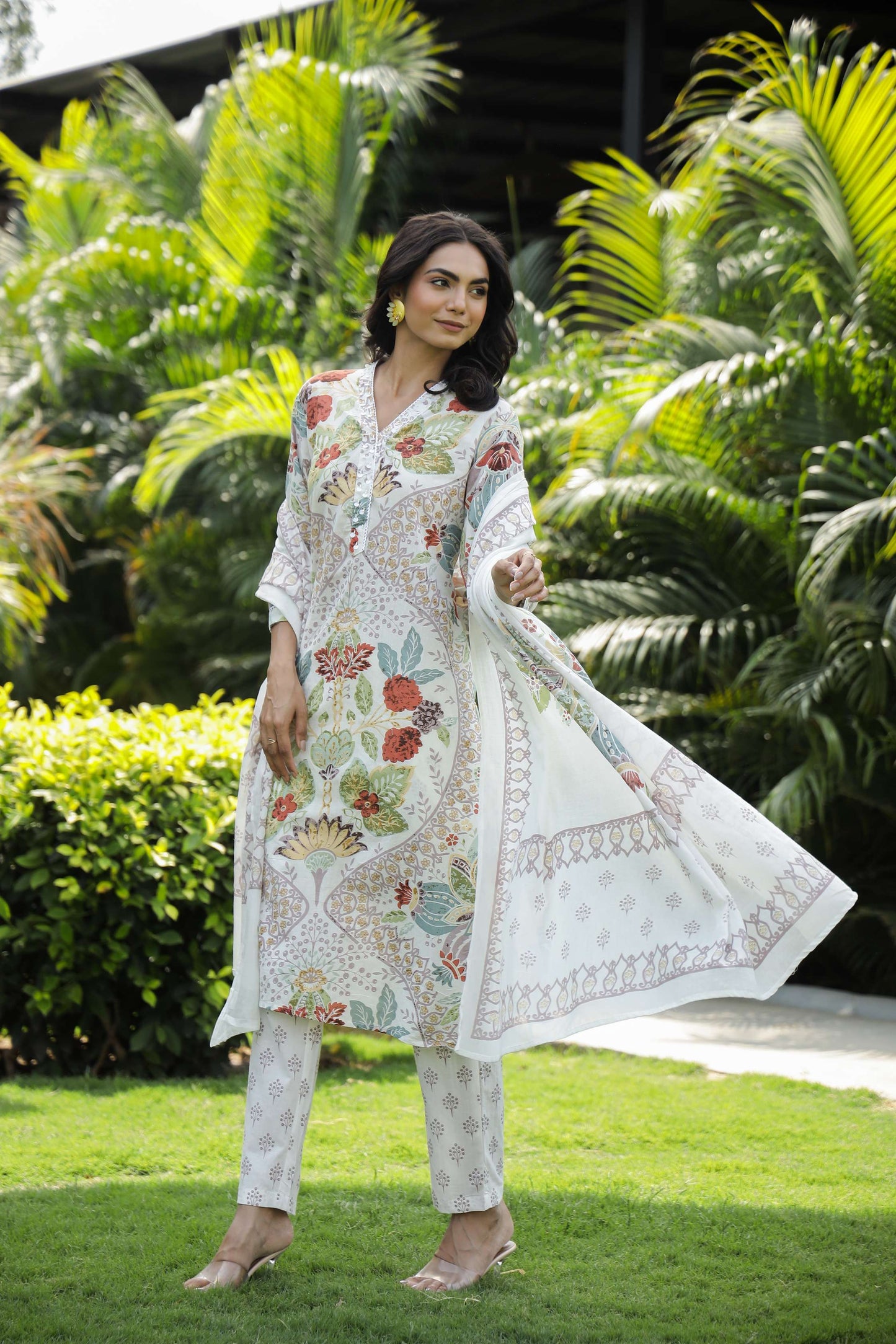 White Floral Printed Cotton Kurta Set with Dupatta & Pants