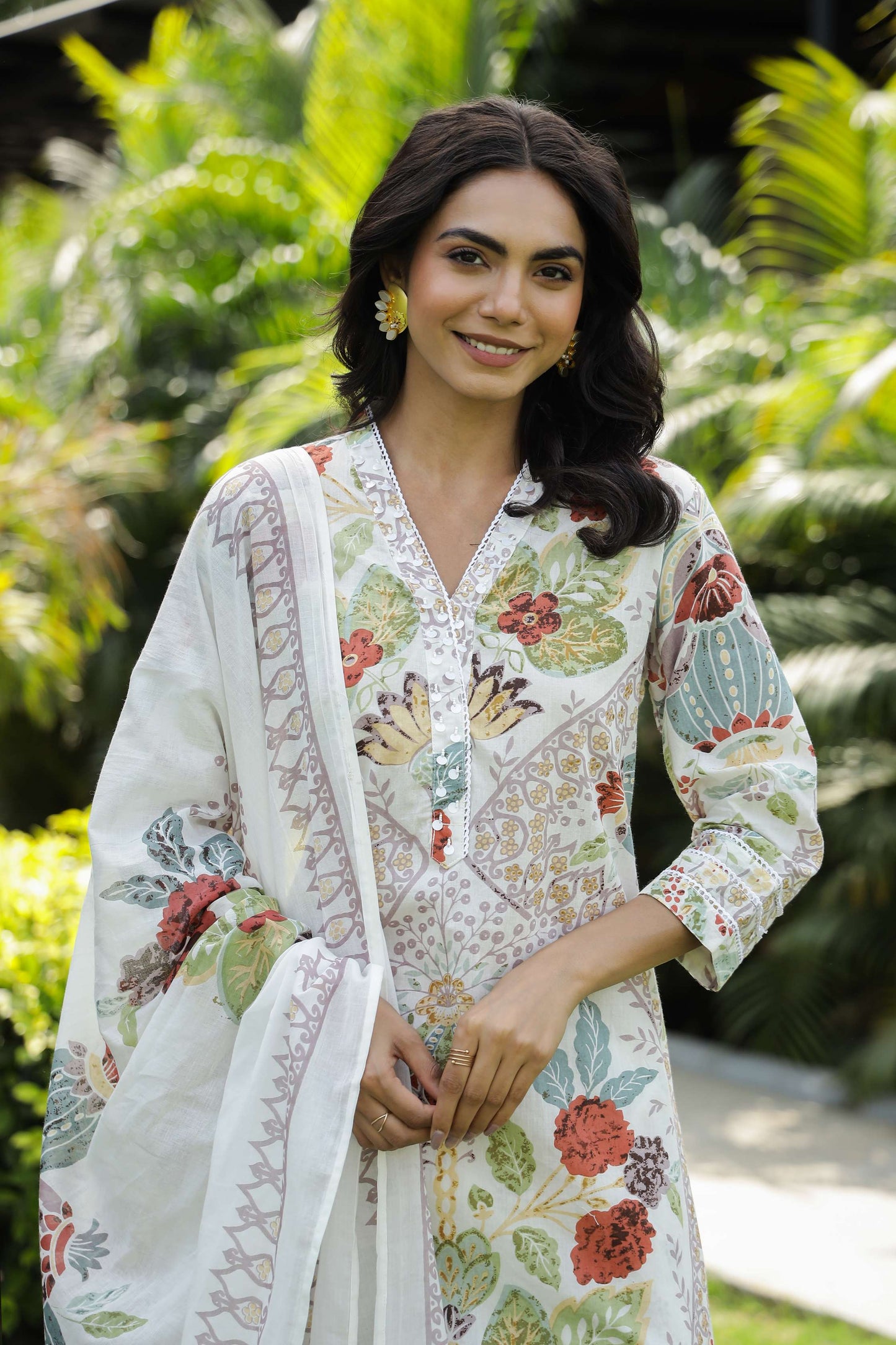 White Floral Printed Cotton Kurta Set with Dupatta & Pants