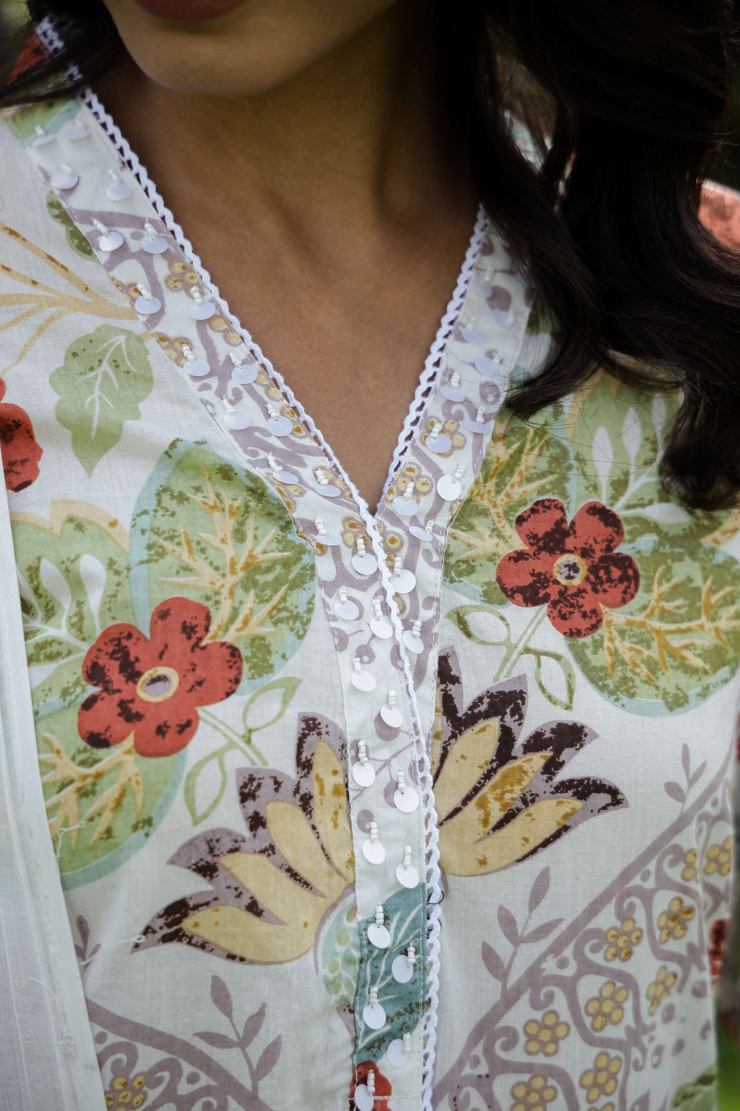 White Floral Printed Cotton Kurta Set with Dupatta & Pants