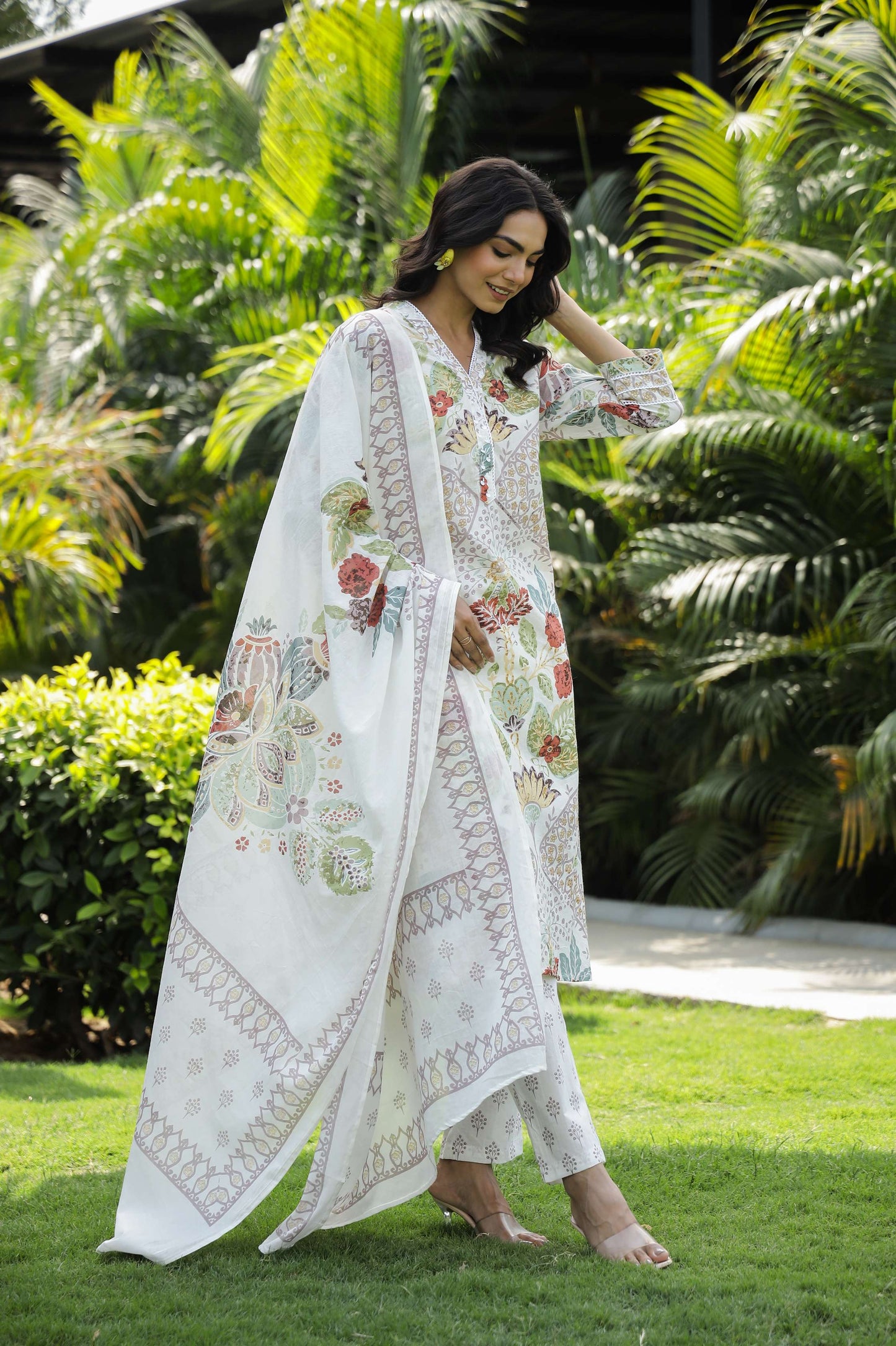White Floral Printed Cotton Kurta Set with Dupatta & Pants