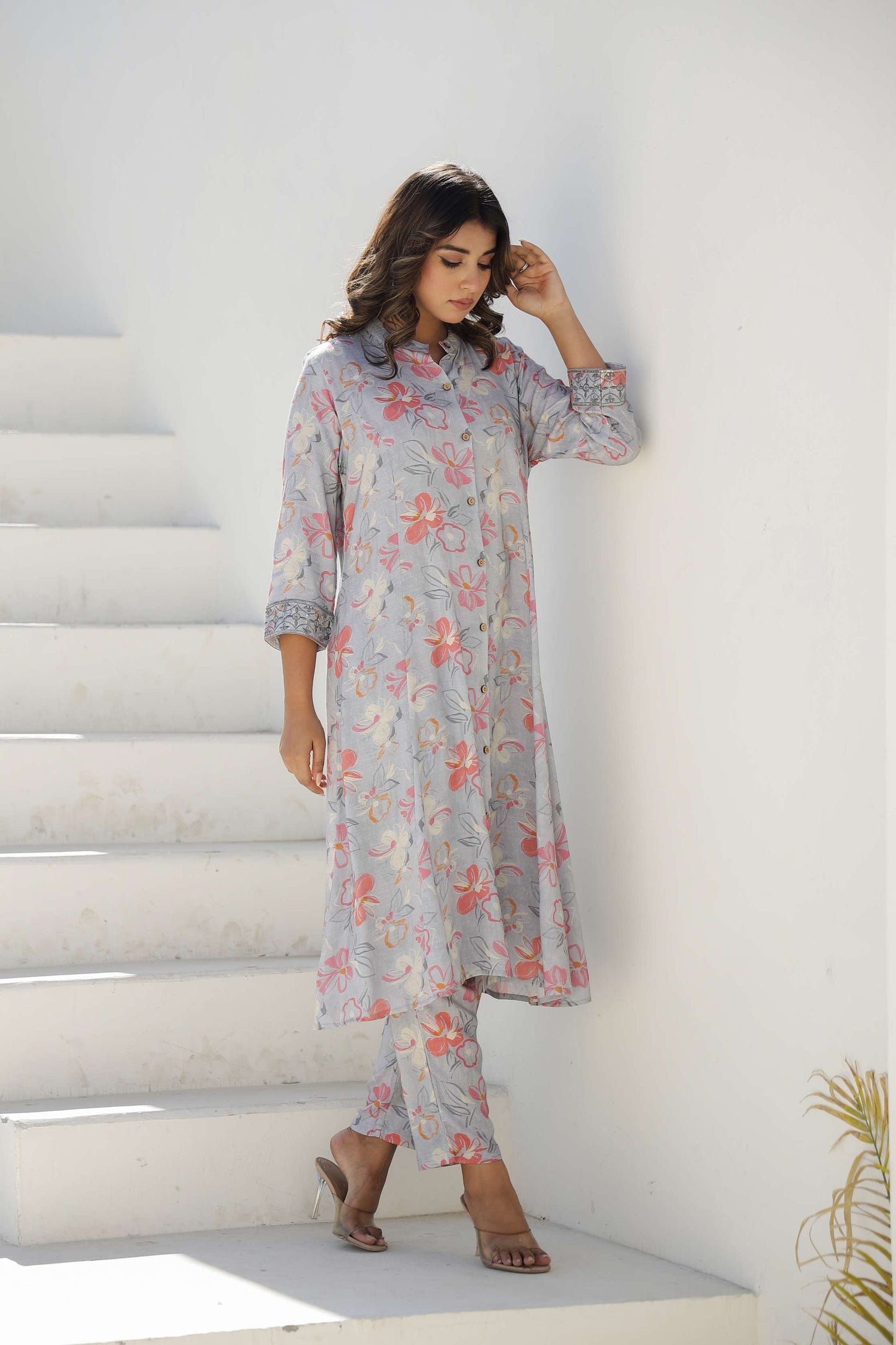 Grey Floral Printed Cotton Kurta Set with Pants