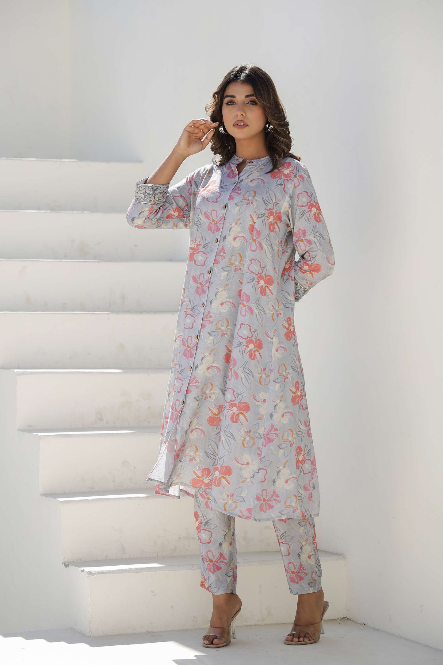 Grey Floral Printed Cotton Kurta Set with Pants